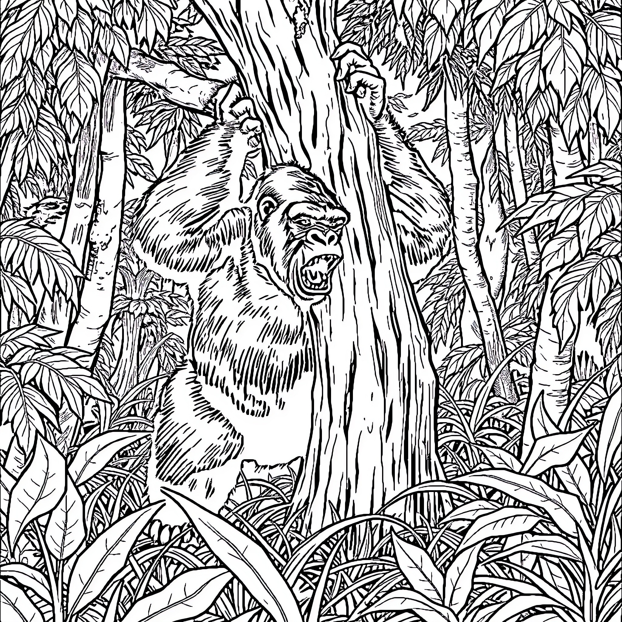 Gorilla emerging forcefully from dense jungle foliage Coloring Page (free black-and-white line drawing printable PDF for all, from beginners to advanced learners, including children, teens, adults, and seniors)