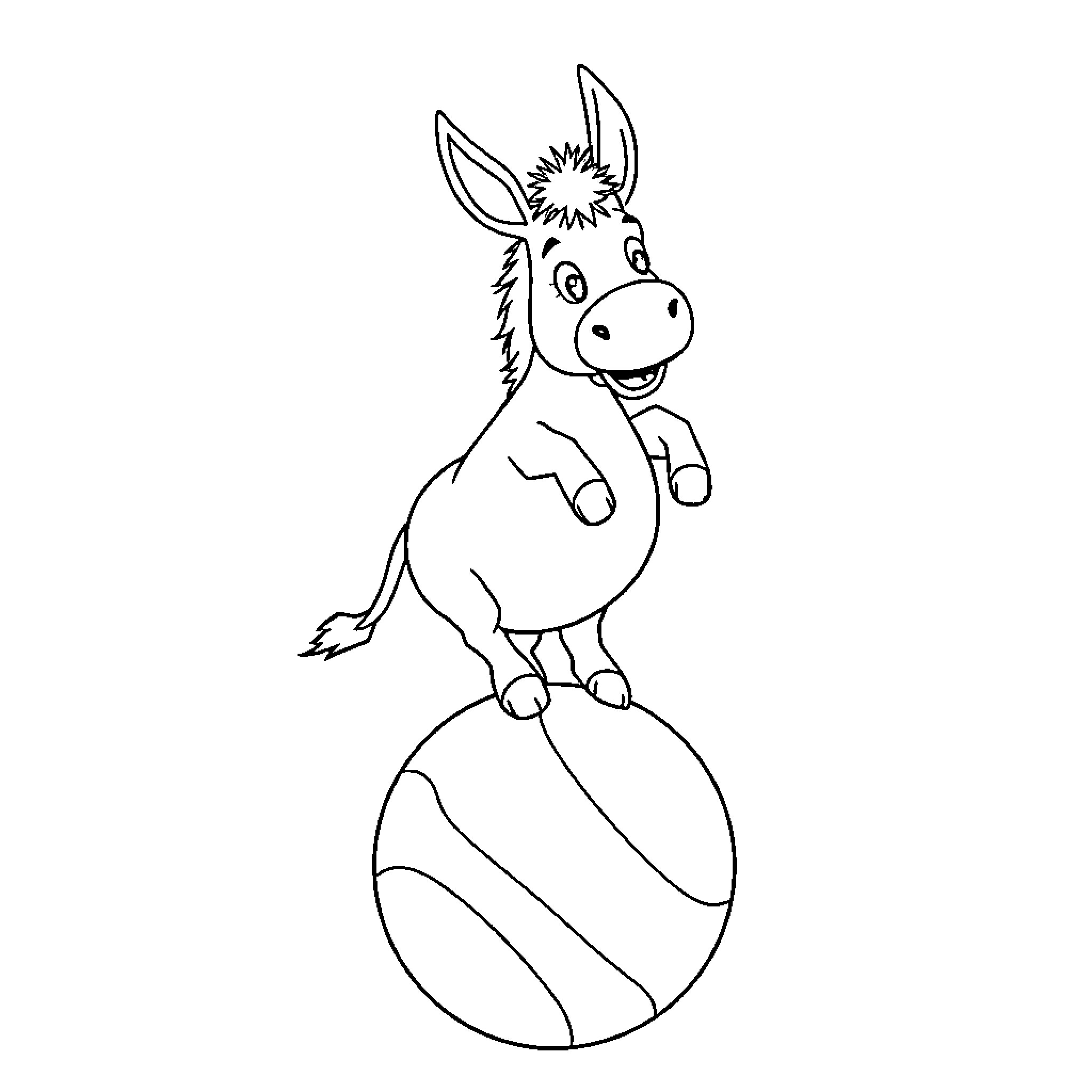 Donkey balancing on an inflatable ball Coloring Page (free black-and-white line drawing printable PDF for all, from beginners to advanced learners, including children, teens, adults, and seniors)