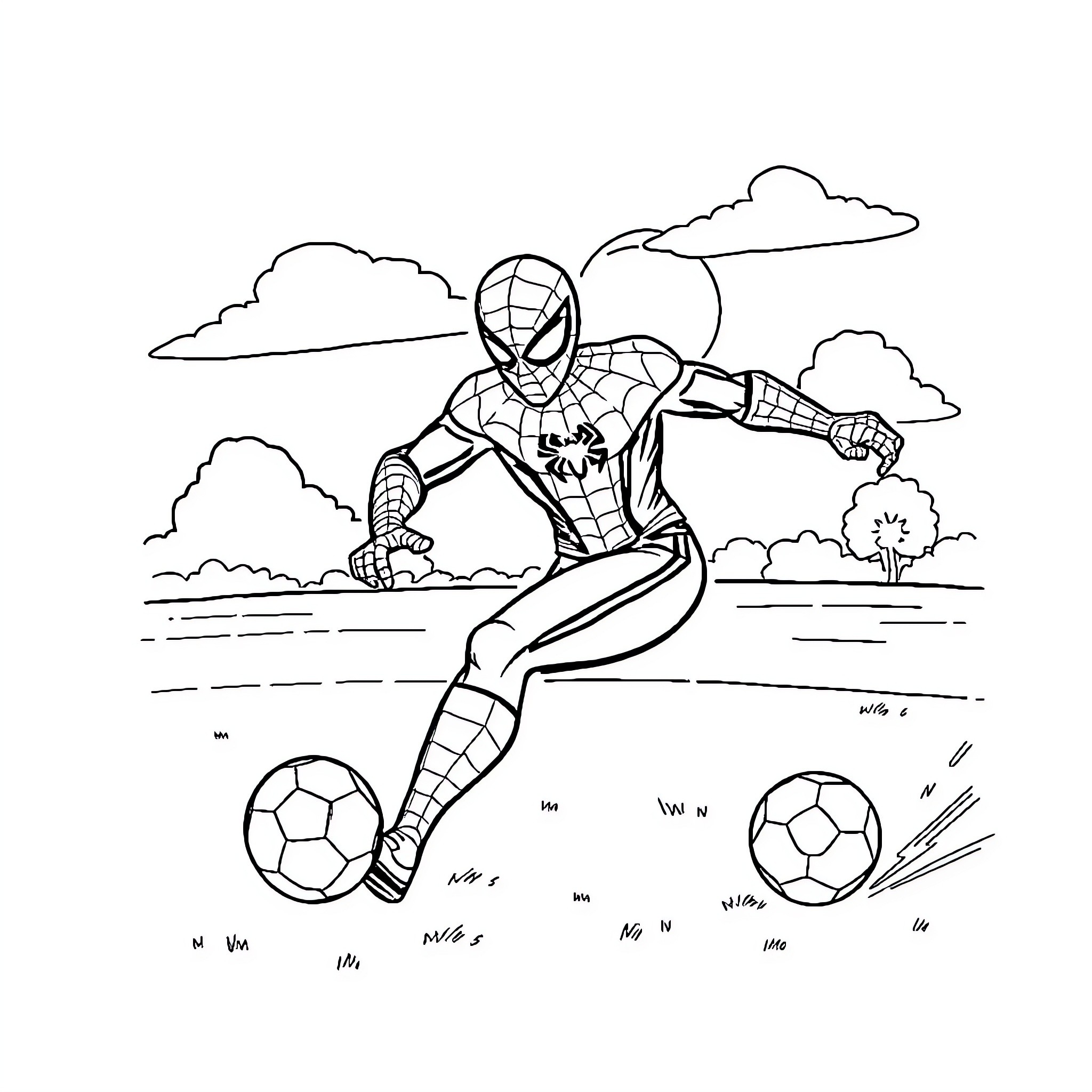 Spiderman playing soccer in the park Coloring Page (free black-and-white line drawing printable PDF for all, from beginners to advanced learners, including children, teens, adults, and seniors)