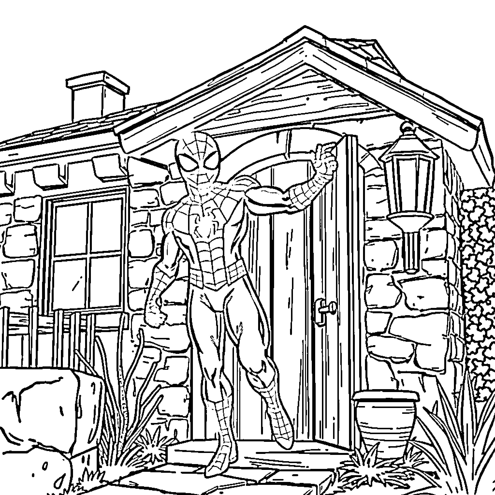 Spiderman exploring a secluded cabin in the woods Coloring Page (free black-and-white line drawing printable PDF for all, from beginners to advanced learners, including children, teens, adults, and seniors)