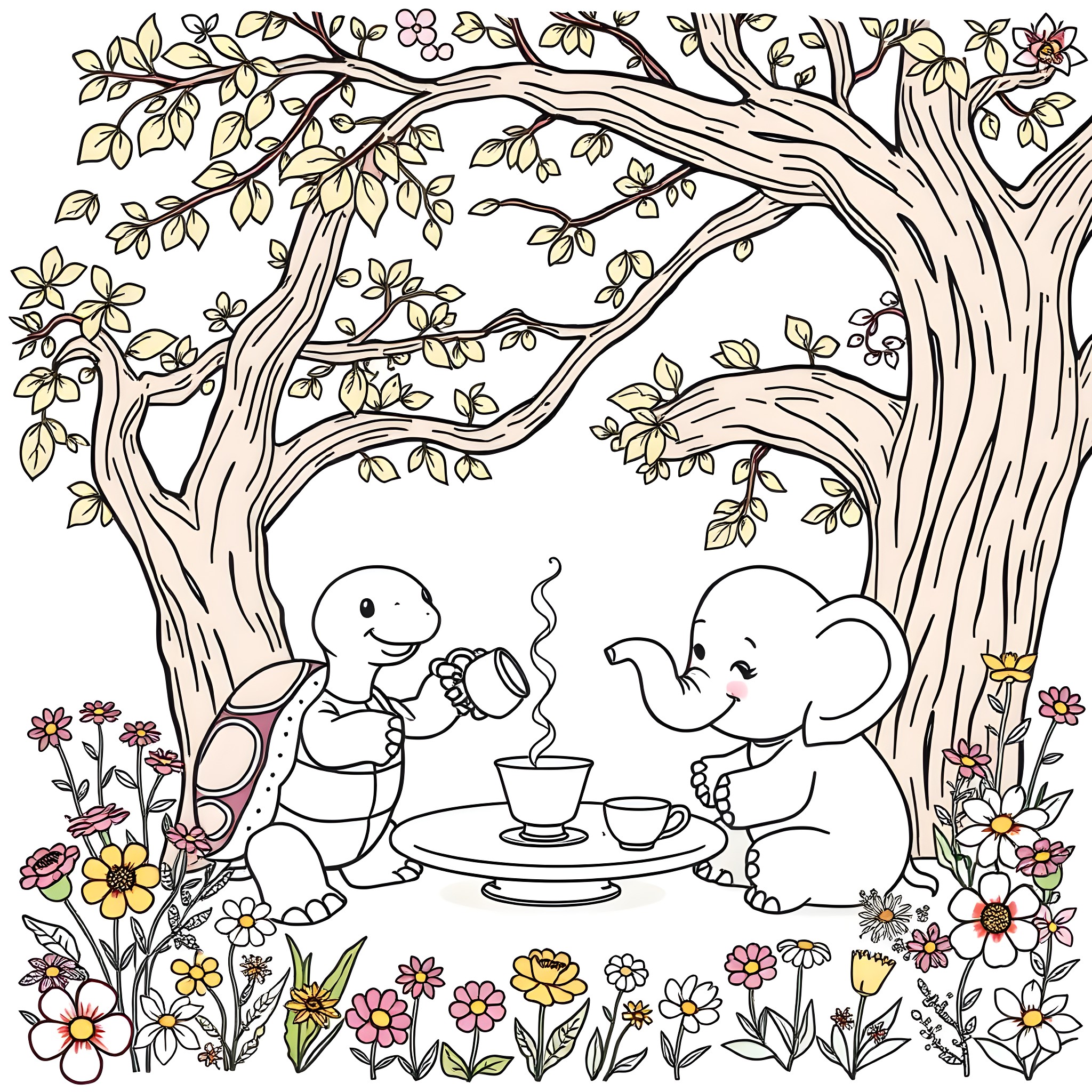 Turtle and Elephant Enjoying Tea Time in the Floral Forest Coloring Page (free black-and-white line drawing printable PDF for all, from beginners to advanced learners, including children, teens, adults, and seniors)