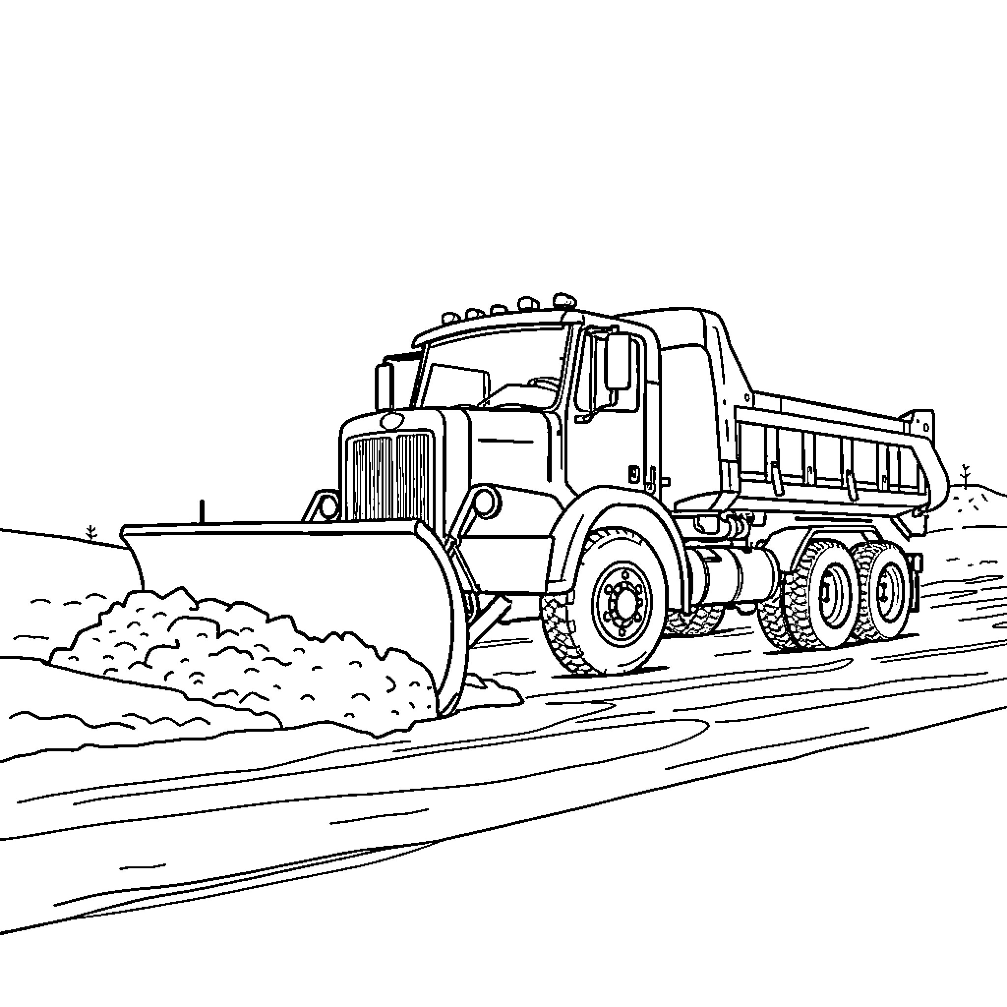 Truck plowing snow on the road Coloring Page (free black-and-white line drawing printable PDF for all, from beginners to advanced learners, including children, teens, adults, and seniors)