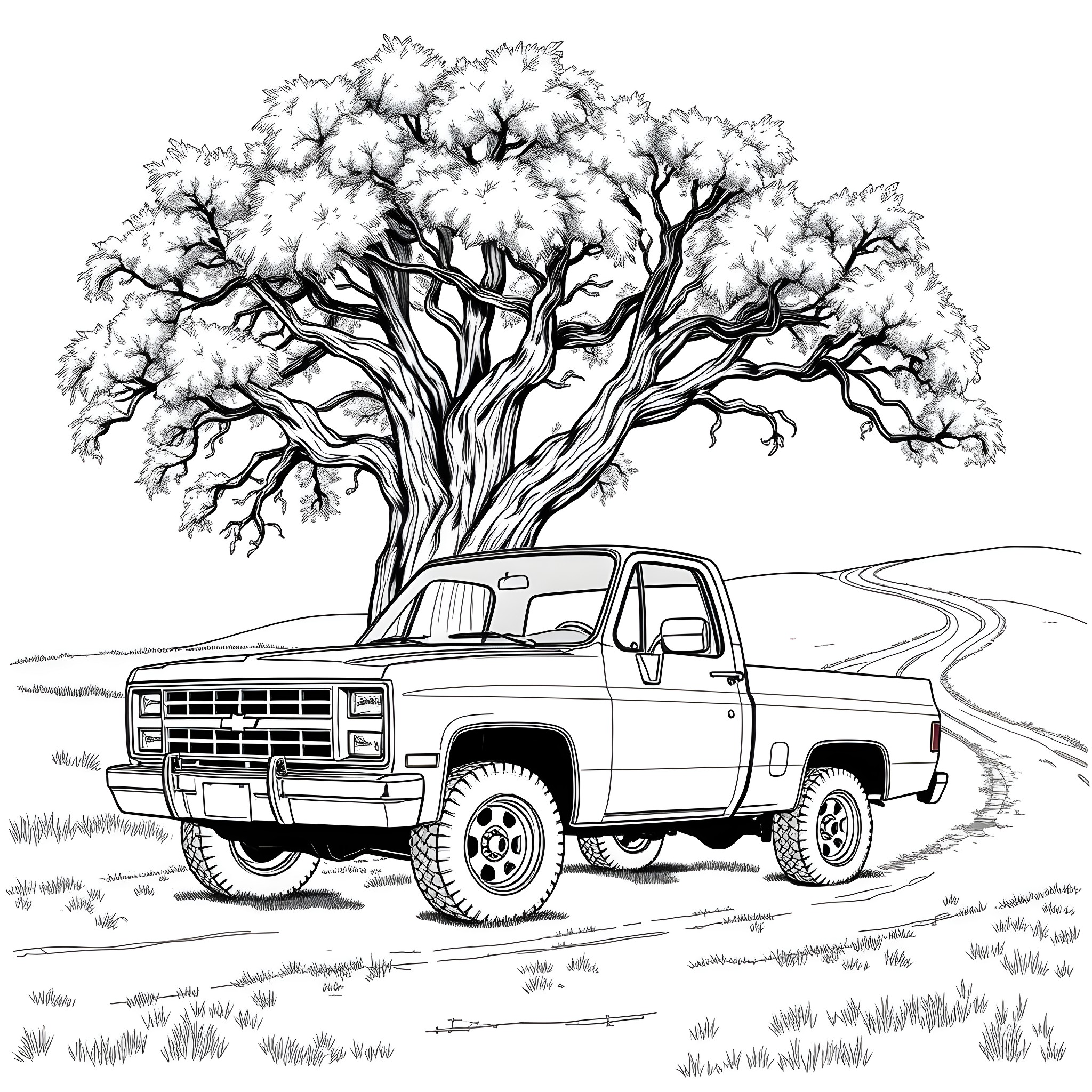 Truck in the countryside with a large tree Coloring Page (free black-and-white line drawing printable PDF for all, from beginners to advanced learners, including children, teens, adults, and seniors)