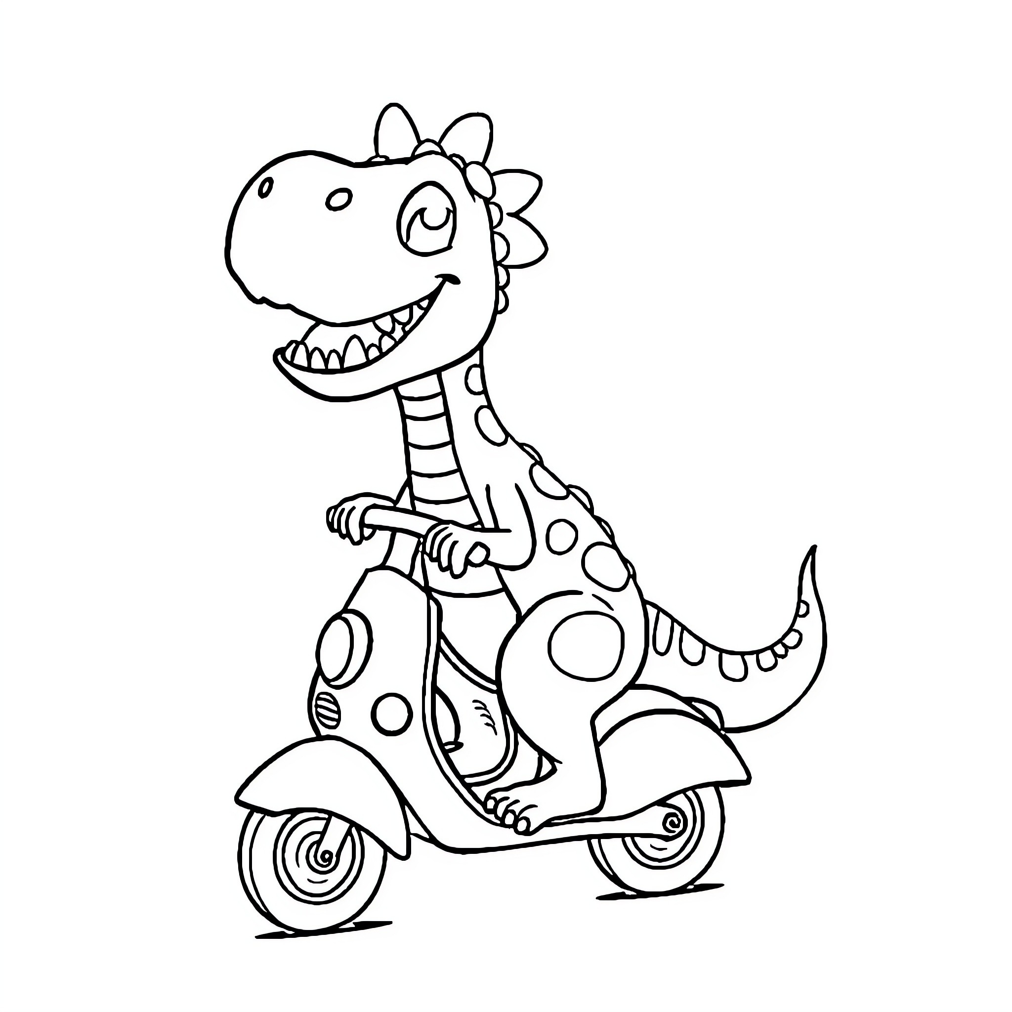 Dinosaur riding a scooter happily Coloring Page (free black-and-white line drawing printable PDF for all, from beginners to advanced learners, including children, teens, adults, and seniors)