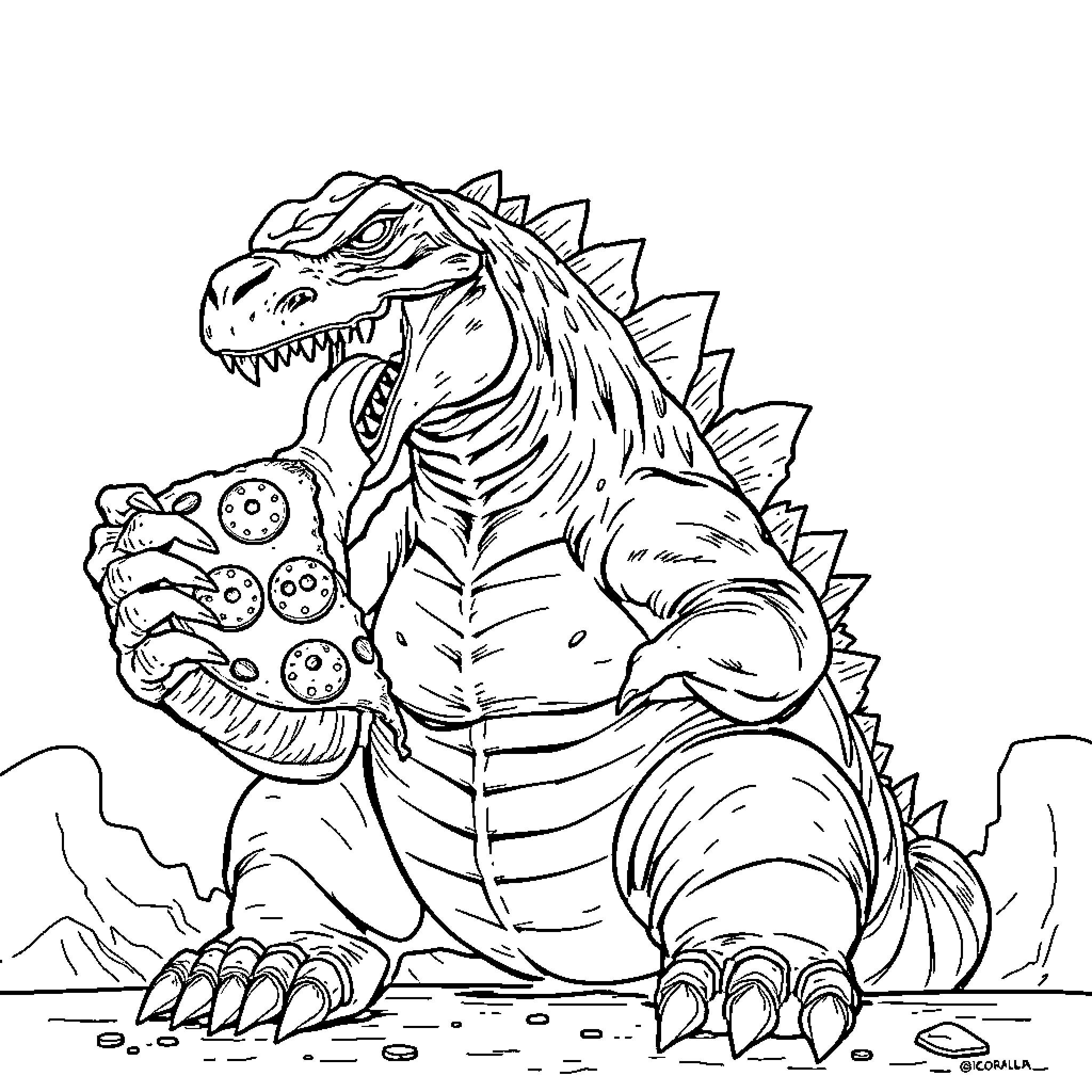 Godzilla Devouring Delicious Snacks in the Wilderness Coloring Page (free black-and-white line drawing printable PDF for all, from beginners to advanced learners, including children, teens, adults, and seniors)