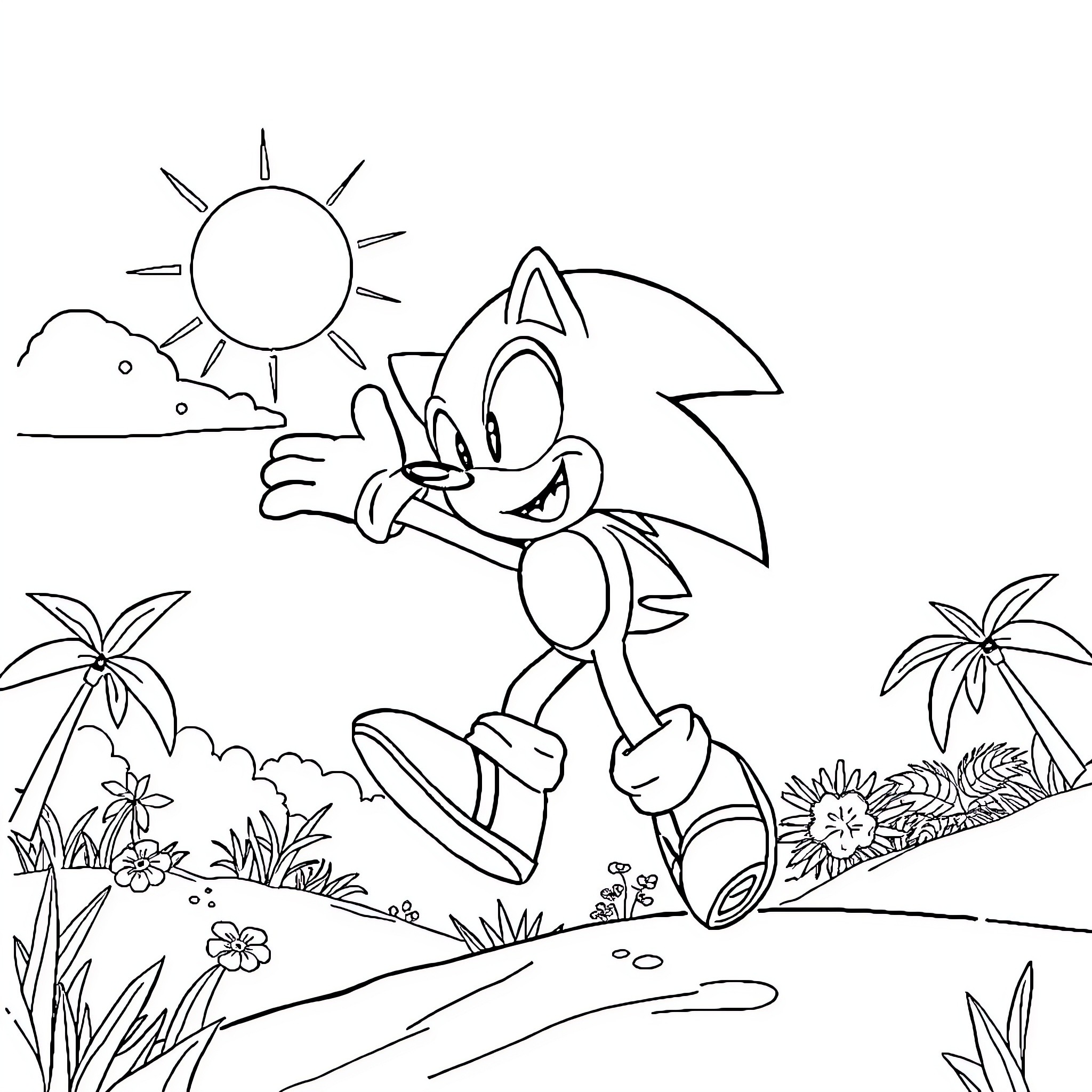 Sonic running happily through a sunny meadow Coloring Page (free black-and-white line drawing printable PDF for all, from beginners to advanced learners, including children, teens, adults, and seniors)
