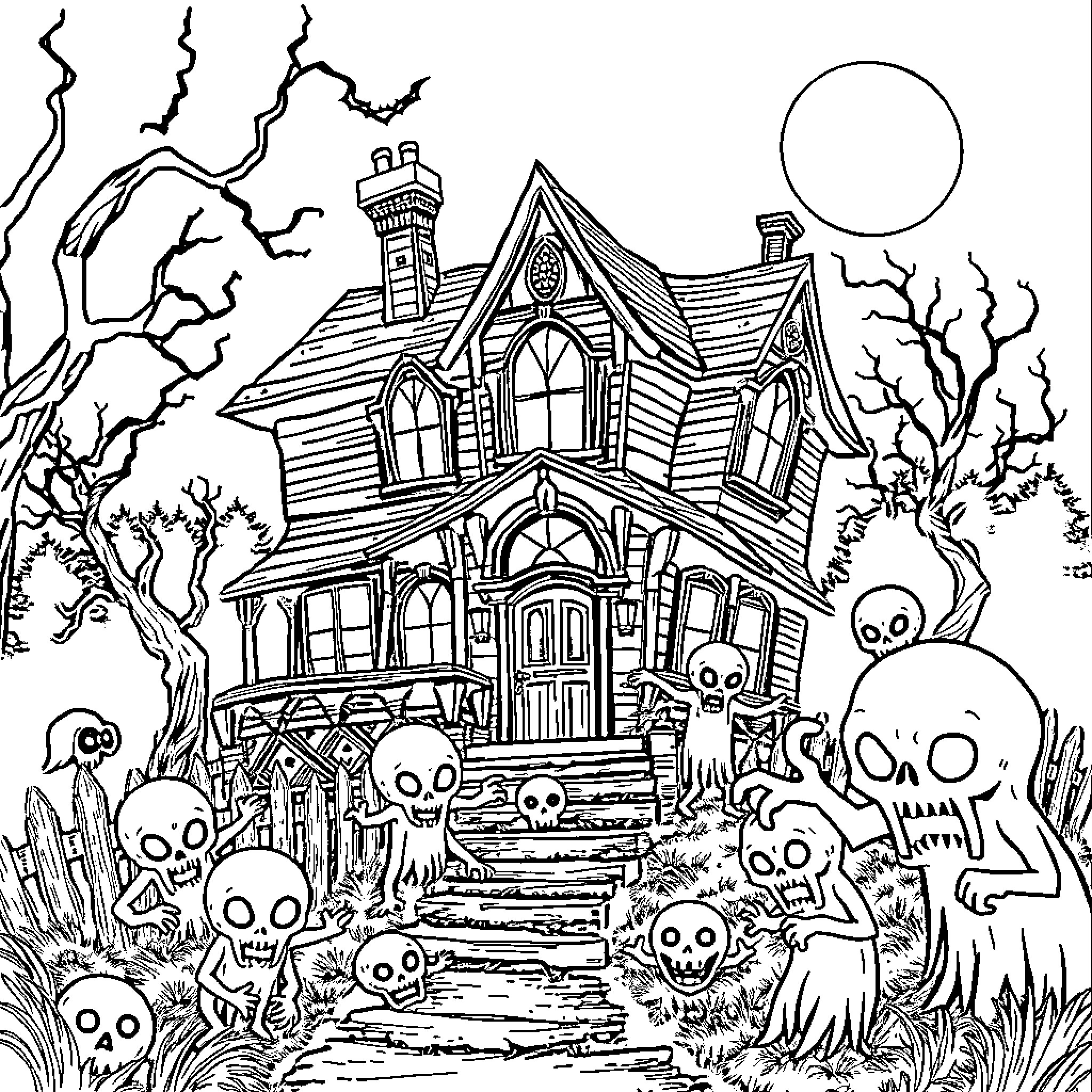 Ghoul Haunting the Eerie Haunted House Coloring Page (free black-and-white line drawing printable PDF for all, from beginners to advanced learners, including children, teens, adults, and seniors)