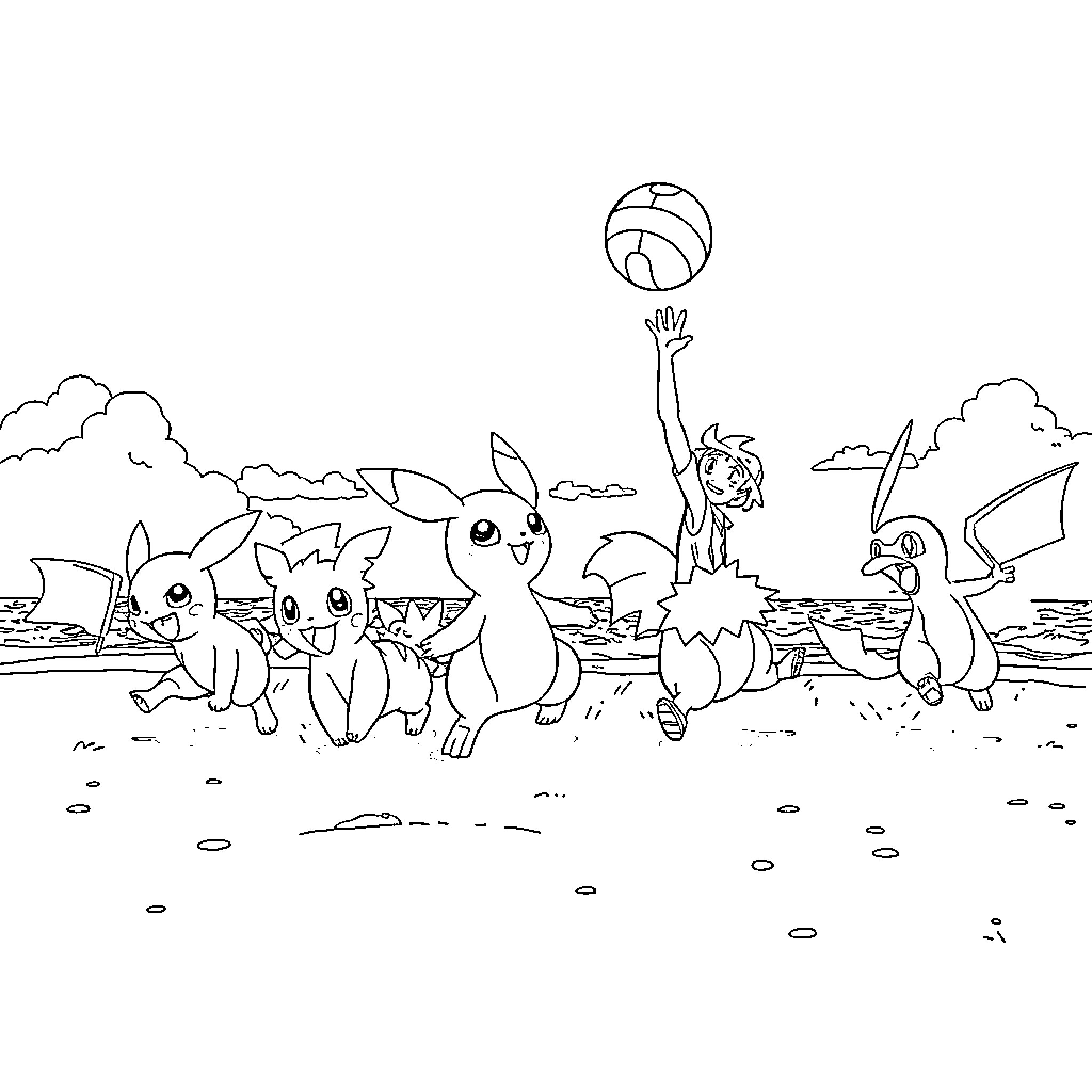 Pokémon characters playing and exploring outdoors Coloring Page (free black-and-white line drawing printable PDF for all, from beginners to advanced learners, including children, teens, adults, and seniors)