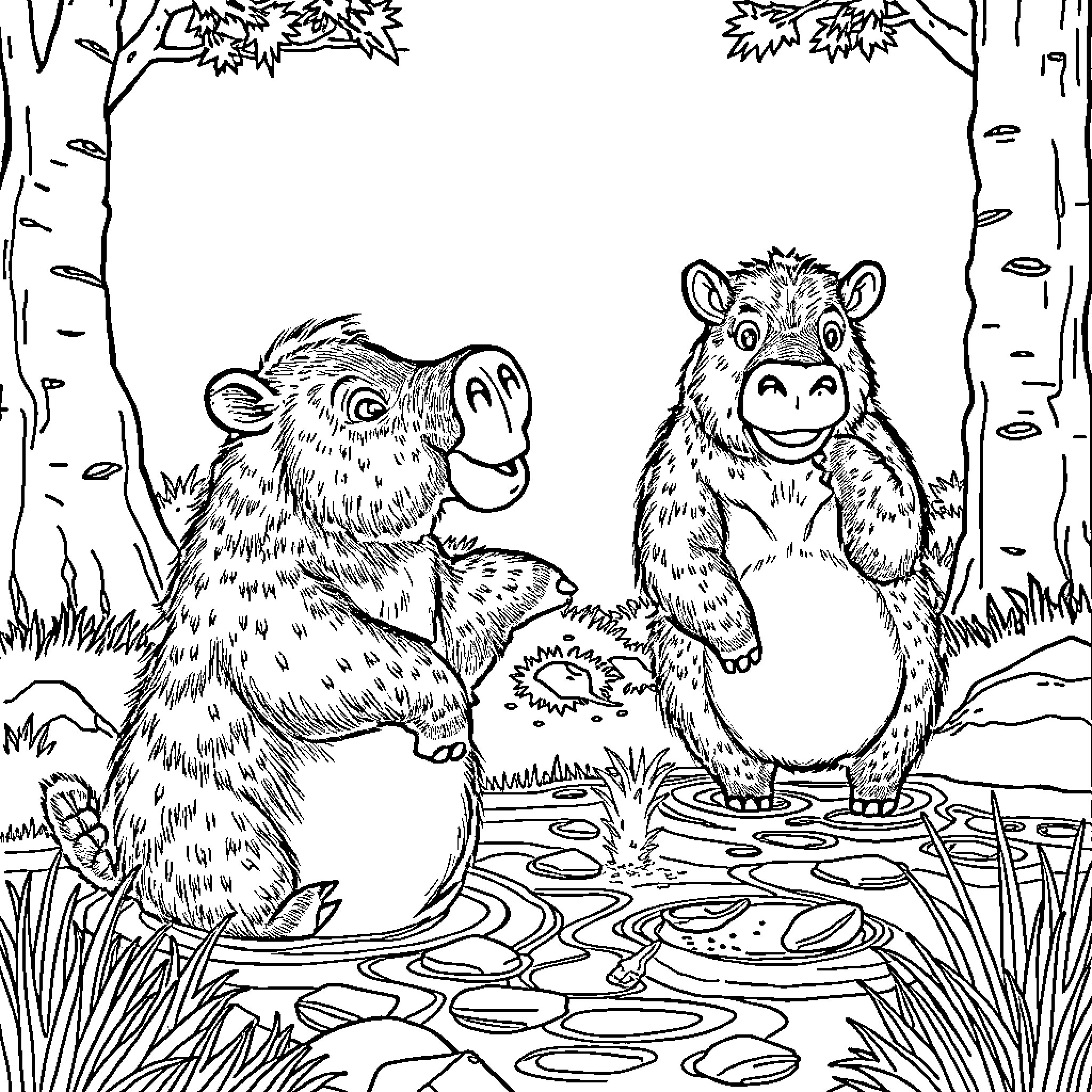 Capybaras enjoying a peaceful moment in nature Coloring Page (free black-and-white line drawing printable PDF for all, from beginners to advanced learners, including children, teens, adults, and seniors)