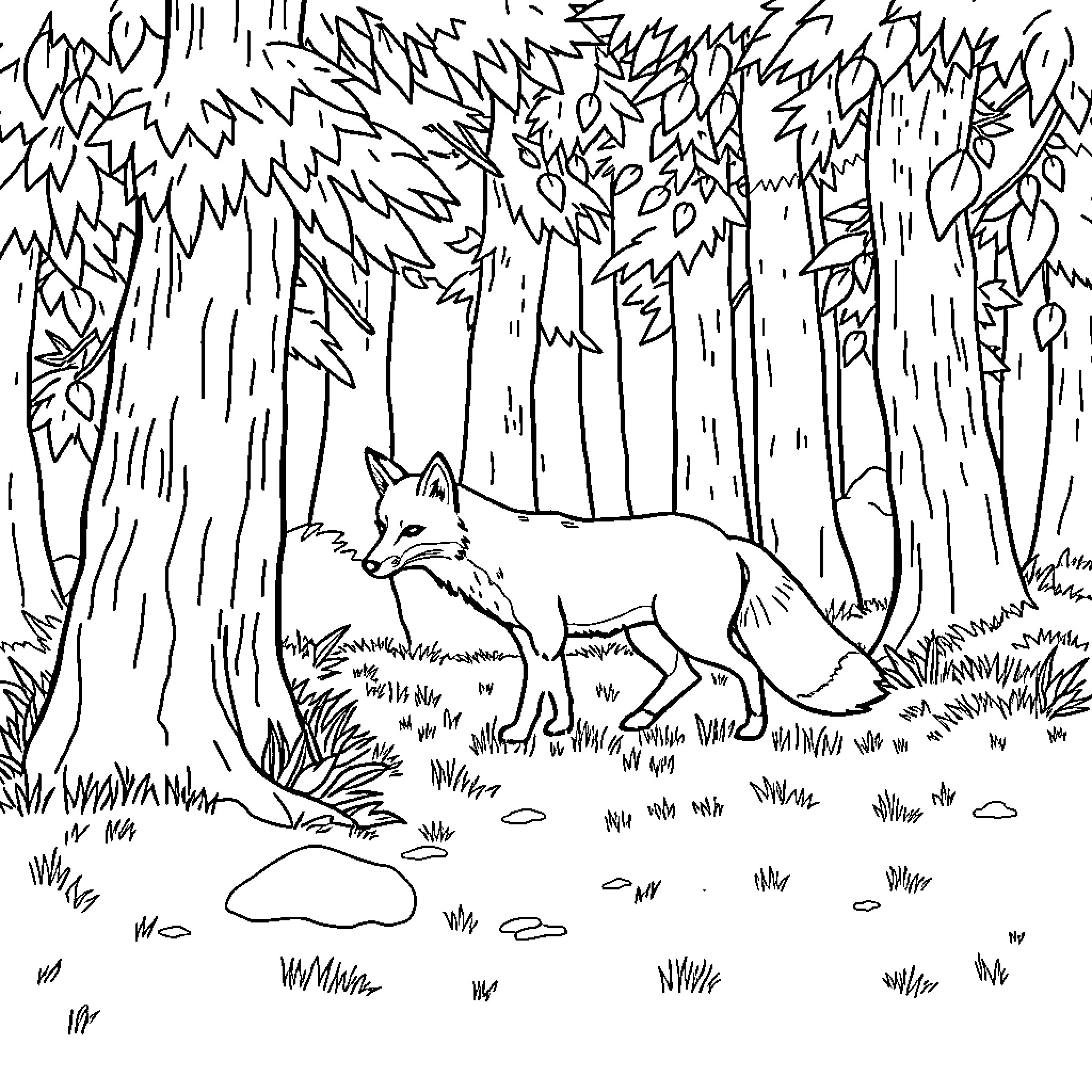 Fox prowling through the dense forest Coloring Page (free black-and-white line drawing printable PDF for all, from beginners to advanced learners, including children, teens, adults, and seniors)