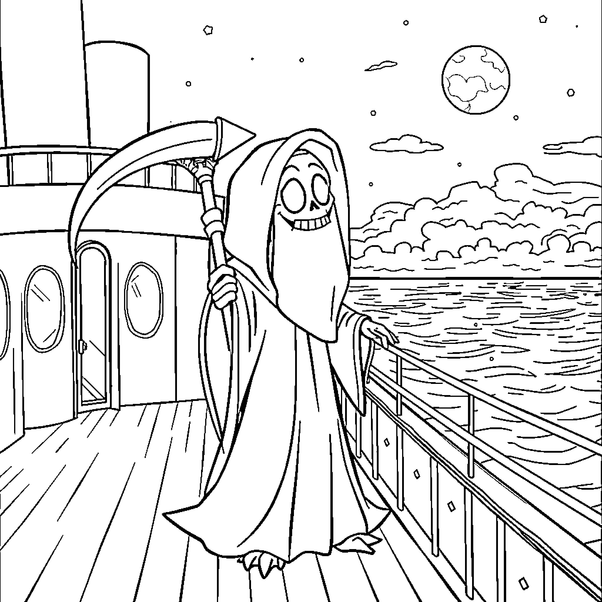 Grim Reaper's Eerie Moonlit Stroll on the Dock Coloring Page (free black-and-white line drawing printable PDF for all, from beginners to advanced learners, including children, teens, adults, and seniors)