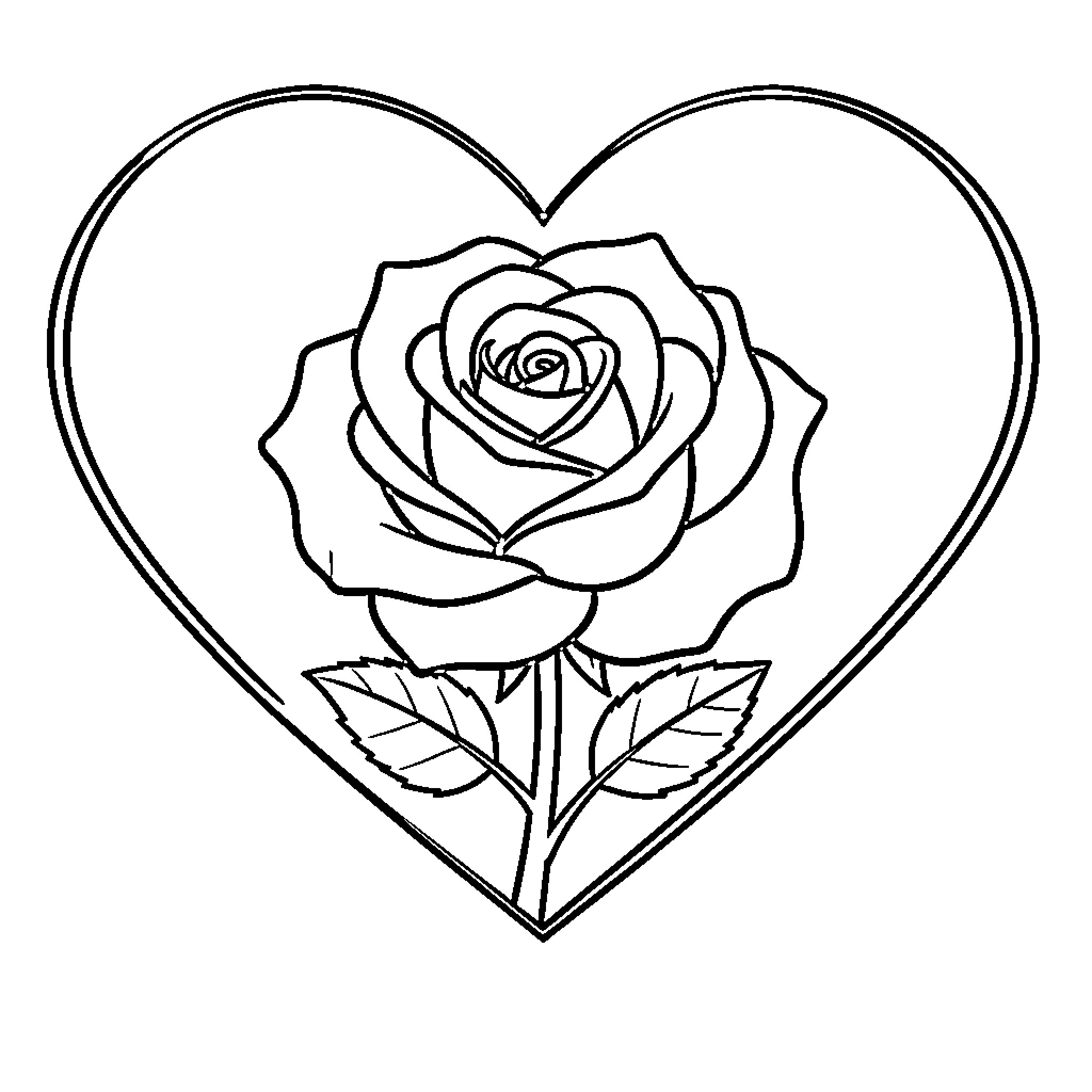 Rose centered inside a large heart shape Coloring Page (free black-and-white line drawing printable PDF for all, from beginners to advanced learners, including children, teens, adults, and seniors)
