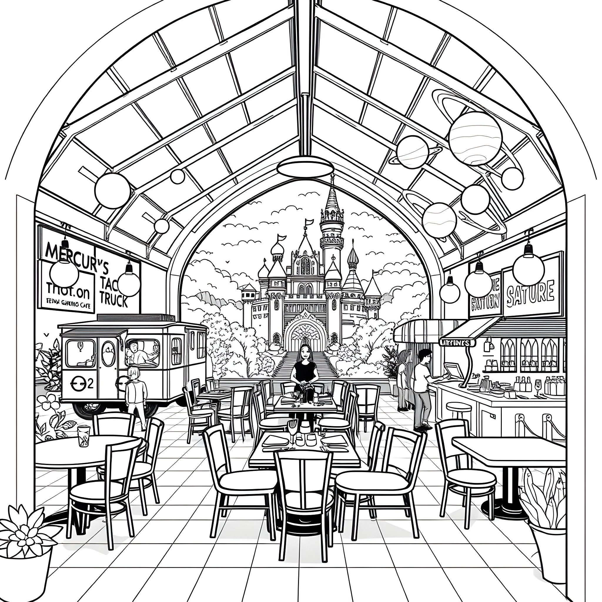 Planet Cafe with Customers in Whimsical Setting Coloring Page (free black-and-white line drawing printable PDF for all, from beginners to advanced learners, including children, teens, adults, and seniors)
