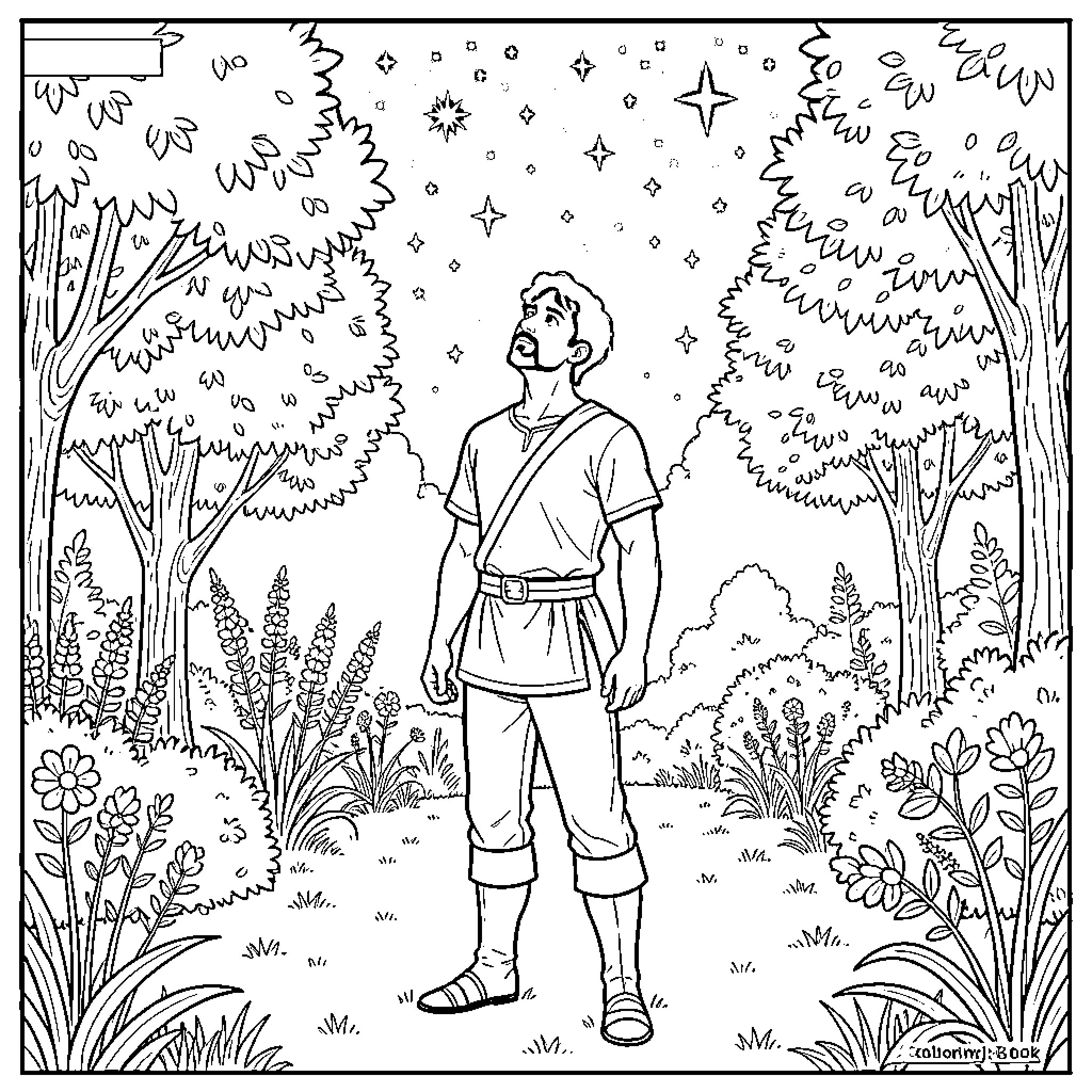 Romeo standing in a garden looking up at stars Coloring Page (free black-and-white line drawing printable PDF for all, from beginners to advanced learners, including children, teens, adults, and seniors)