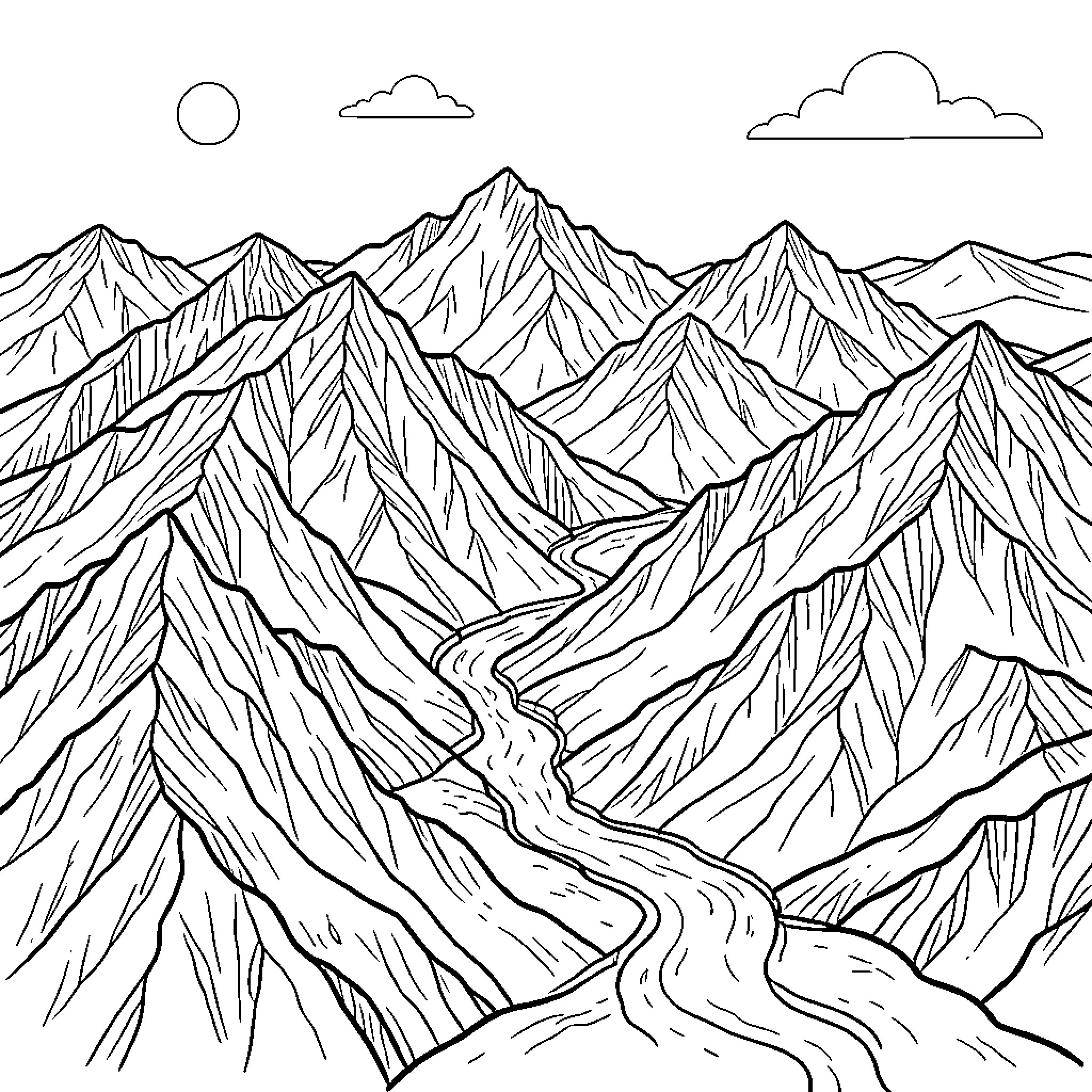 Relief of a winding river through mountain peaks Coloring Page (free black-and-white line drawing printable PDF for all, from beginners to advanced learners, including children, teens, adults, and seniors)