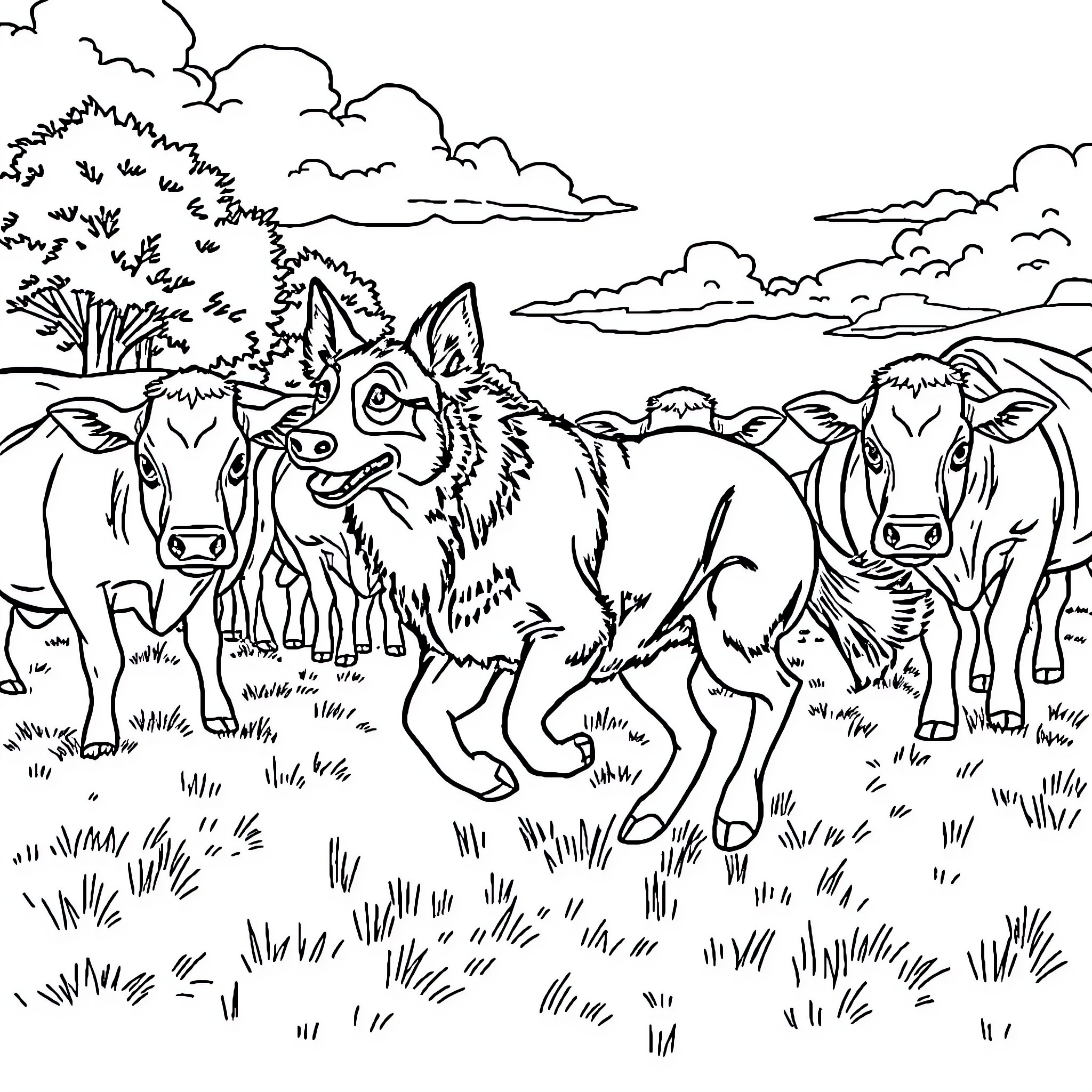 Blue Heeler herding cattle in a scenic landscape Coloring Page (free black-and-white line drawing printable PDF for all, from beginners to advanced learners, including children, teens, adults, and seniors)