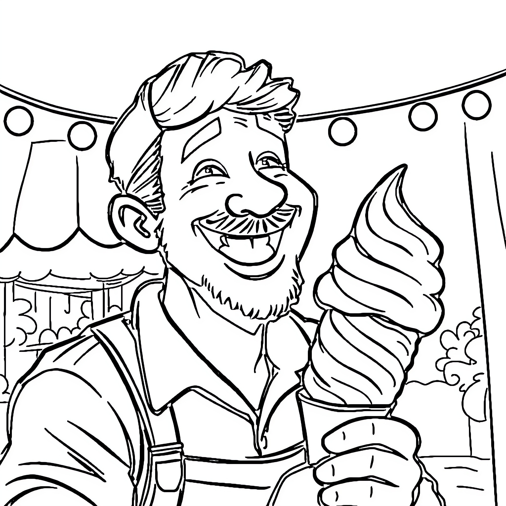 Ice Cream Man Serving Up Frozen Treats with a Smile Coloring Page (free black-and-white line drawing printable PDF for all, from beginners to advanced learners, including children, teens, adults, and seniors)