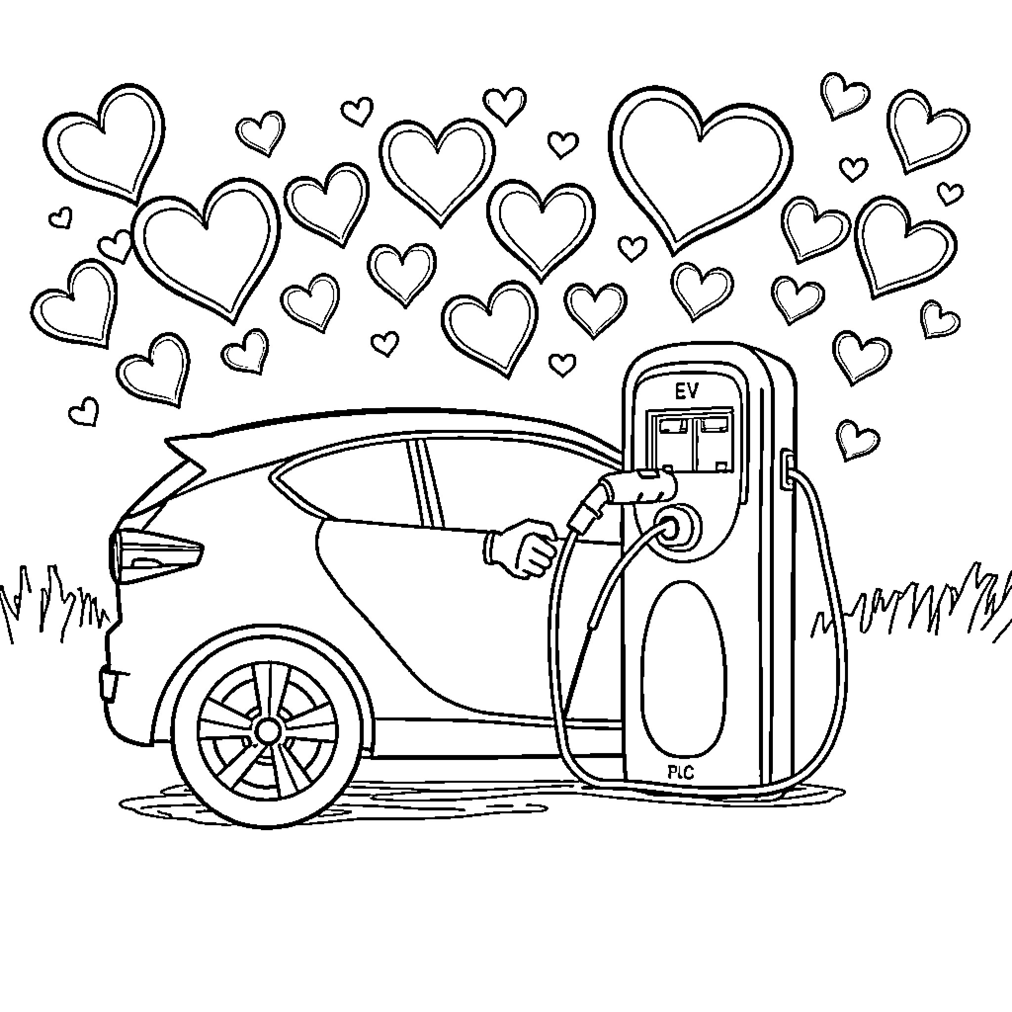 Electric Vehicle Charging with Loving Hearts Coloring Page (free black-and-white line drawing printable PDF for all, from beginners to advanced learners, including children, teens, adults, and seniors)