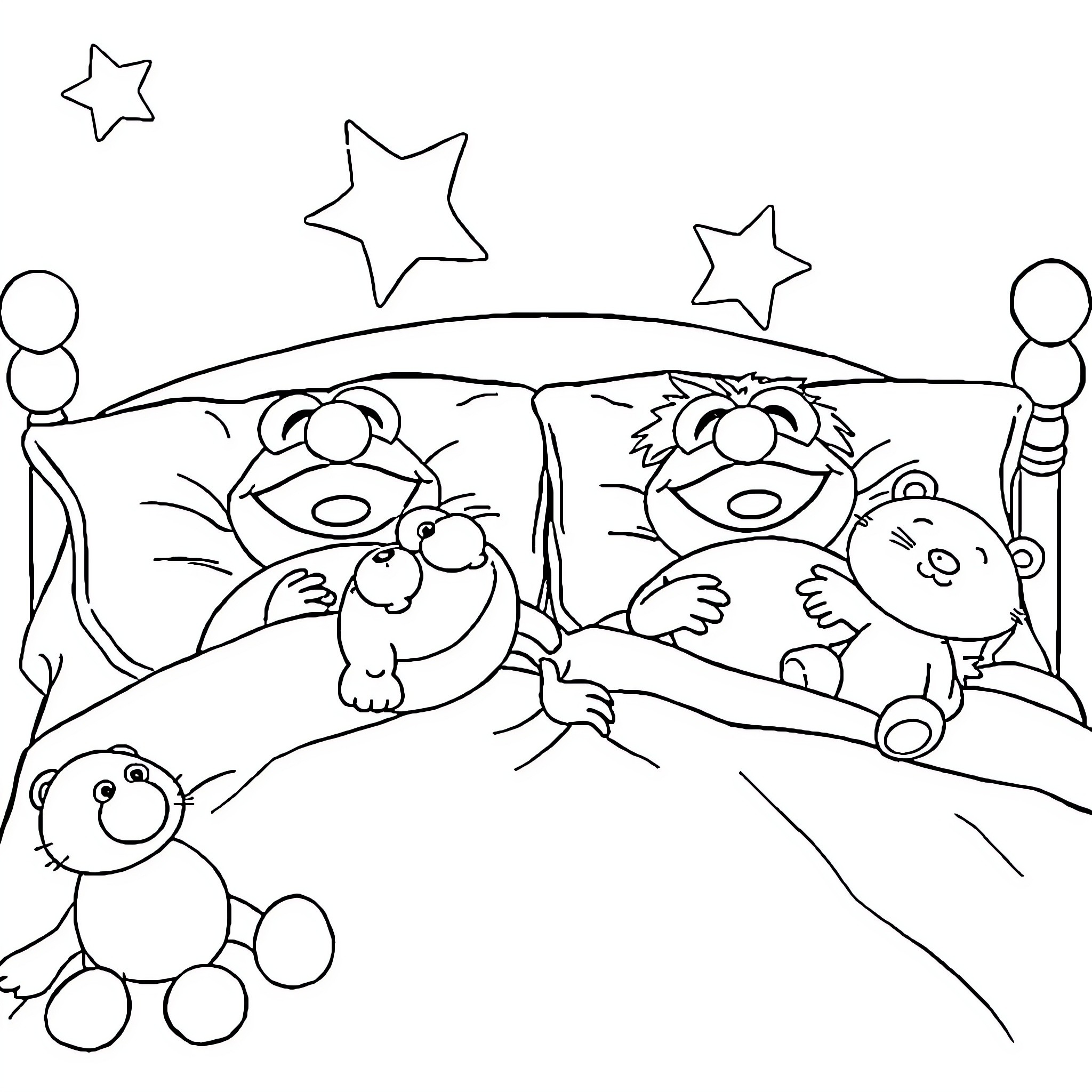 Muppet Babies Having a Sleepover Adventure Coloring Page (free black-and-white line drawing printable PDF for all, from beginners to advanced learners, including children, teens, adults, and seniors)
