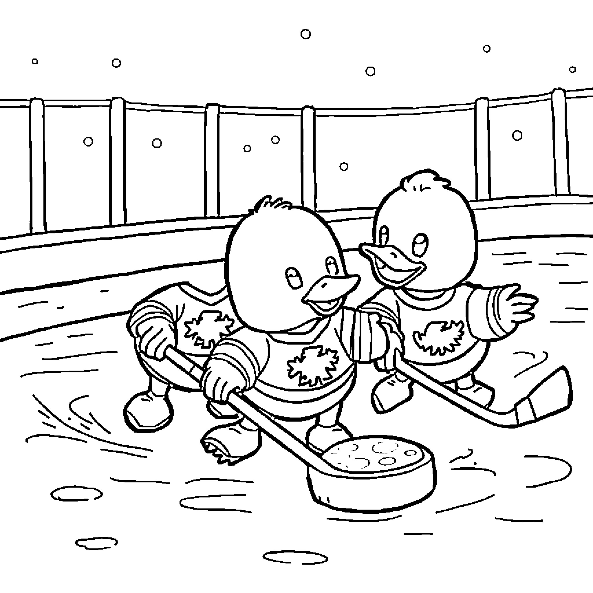 Duck siblings playing hockey on ice rink Coloring Page (free black-and-white line drawing printable PDF for all, from beginners to advanced learners, including children, teens, adults, and seniors)