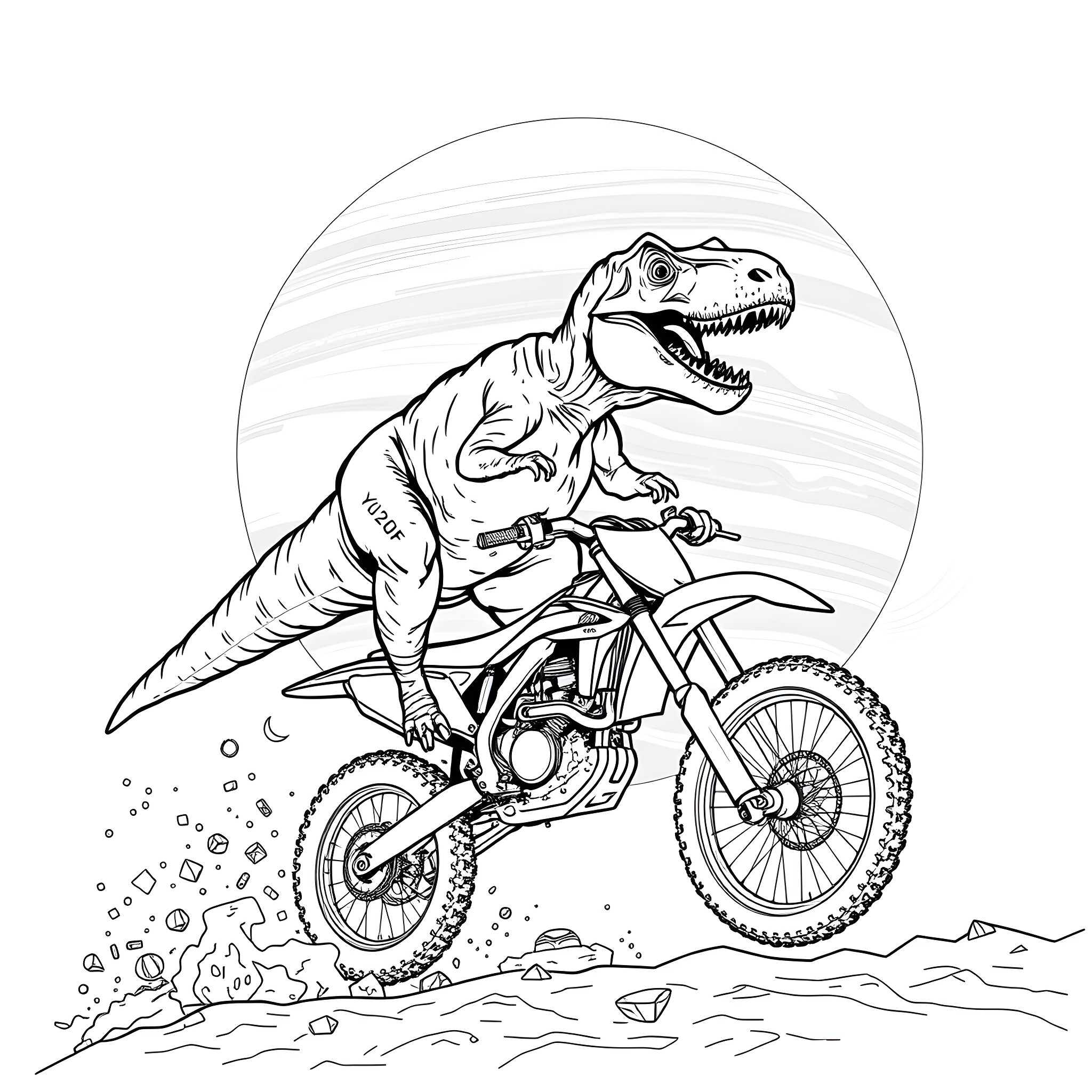 T-Rex Riding a Dirt Bike with Excitement Coloring Page (free black-and-white line drawing printable PDF for all, from beginners to advanced learners, including children, teens, adults, and seniors)