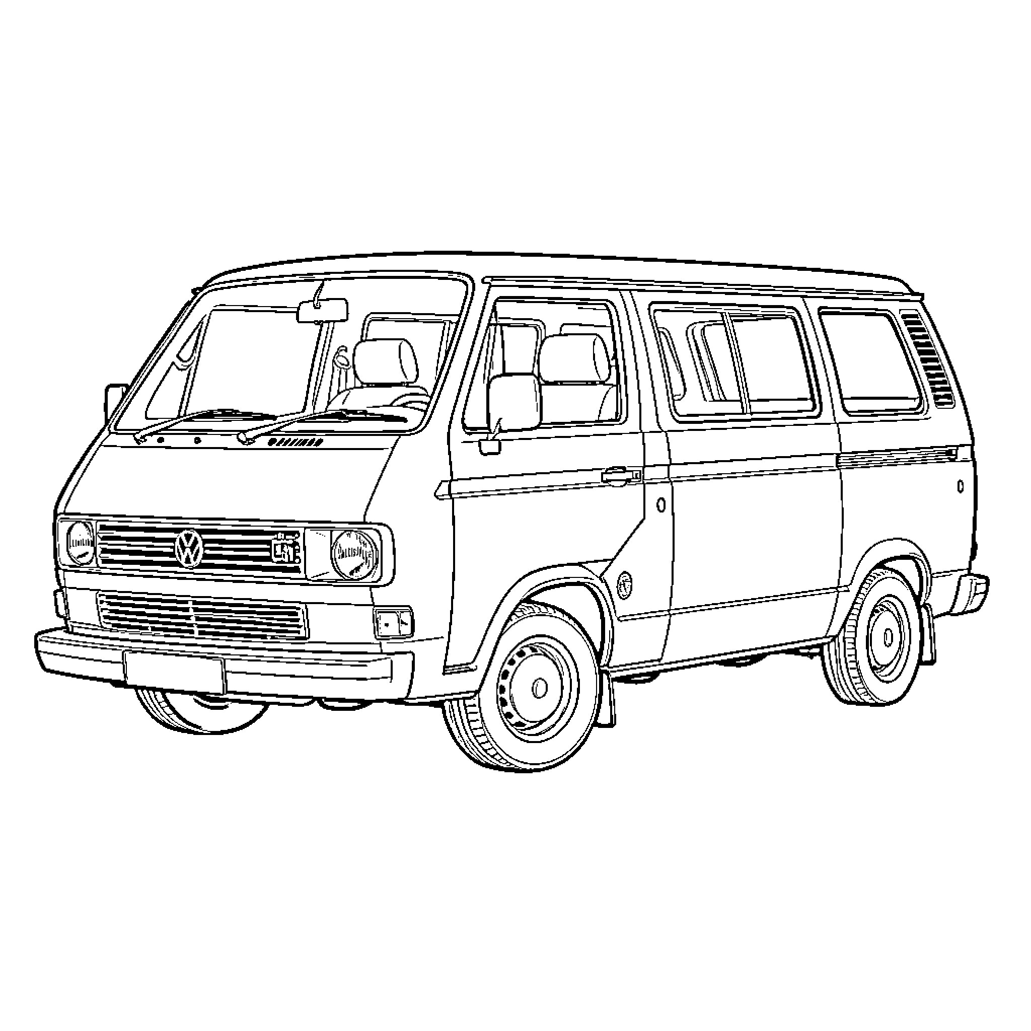 Volkswagen T3 parked on a plain background Coloring Page (free black-and-white line drawing printable PDF for all, from beginners to advanced learners, including children, teens, adults, and seniors)