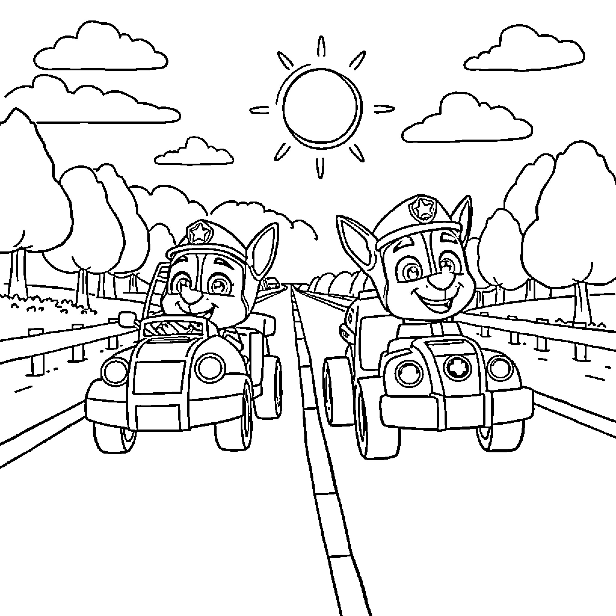 Chase and Marshall on Patrol in Scenic Landscape Coloring Page (free black-and-white line drawing printable PDF for all, from beginners to advanced learners, including children, teens, adults, and seniors)