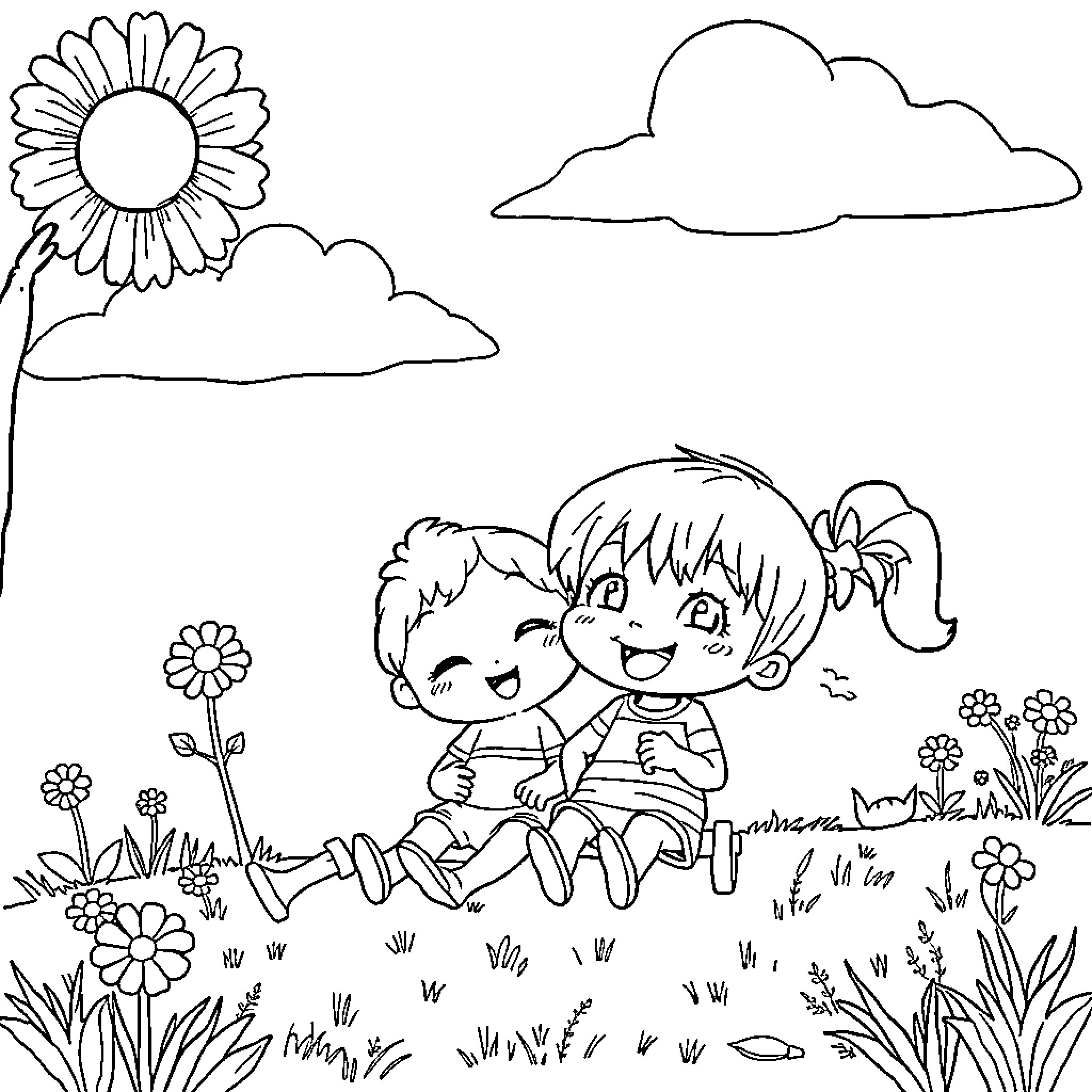 Lulu's Joyful Playtime in Nature Coloring Page (free black-and-white line drawing printable PDF for all, from beginners to advanced learners, including children, teens, adults, and seniors)