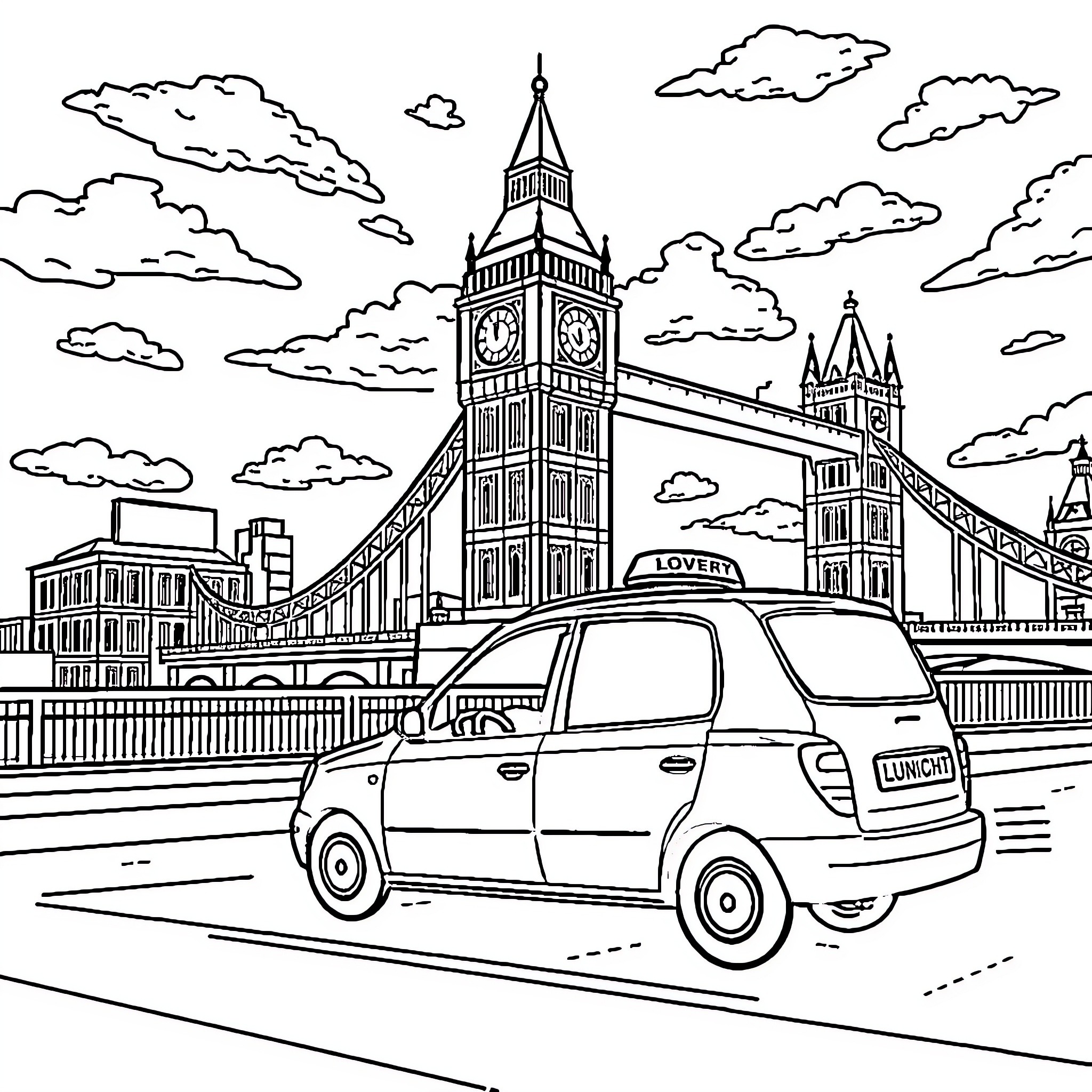 Big Ben and London Bridge with a car Coloring Page (free black-and-white line drawing printable PDF for all, from beginners to advanced learners, including children, teens, adults, and seniors)