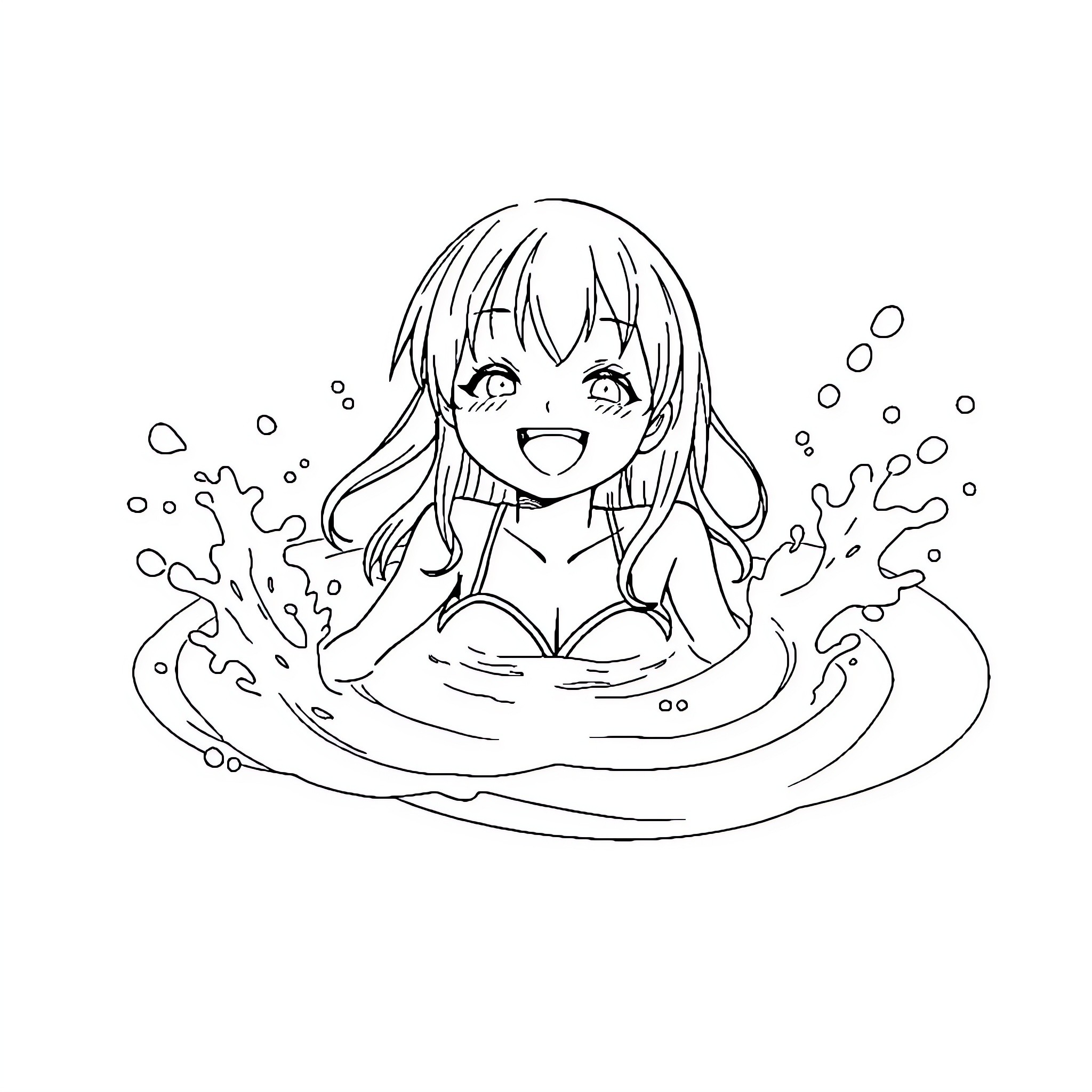 Kuromi relaxing in a whimsical water scene Coloring Page (free black-and-white line drawing printable PDF for all, from beginners to advanced learners, including children, teens, adults, and seniors)