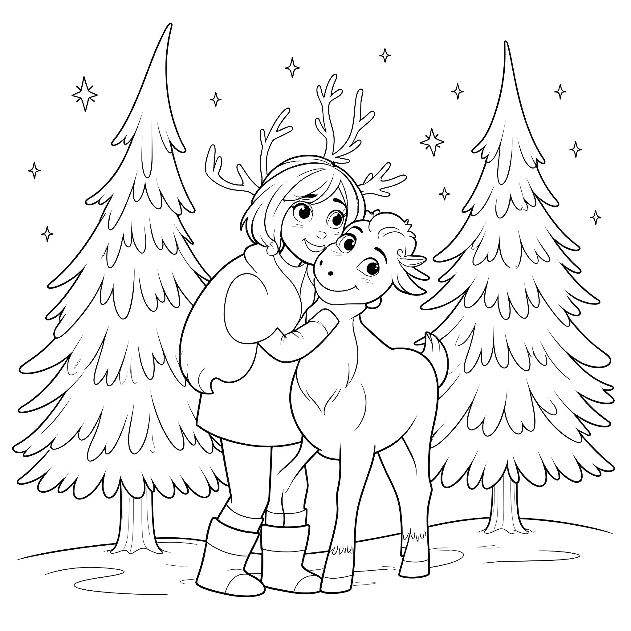 Kristoff playing joyfully with Sven in the snowy forest Coloring Page (free black-and-white line drawing printable PDF for all, from beginners to advanced learners, including children, teens, adults, and seniors)