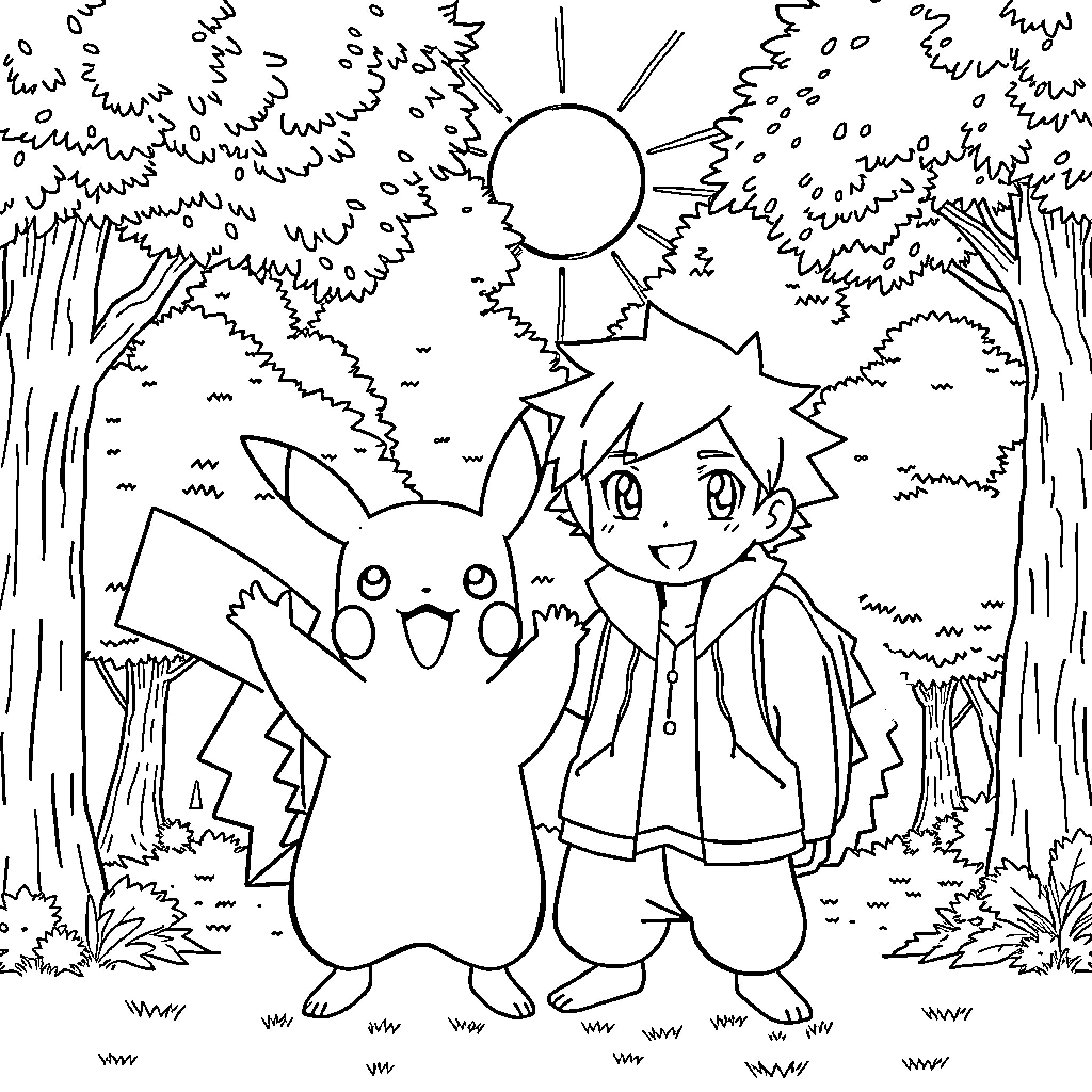 Pikachu and trainer exploring the forest Coloring Page (free black-and-white line drawing printable PDF for all, from beginners to advanced learners, including children, teens, adults, and seniors)