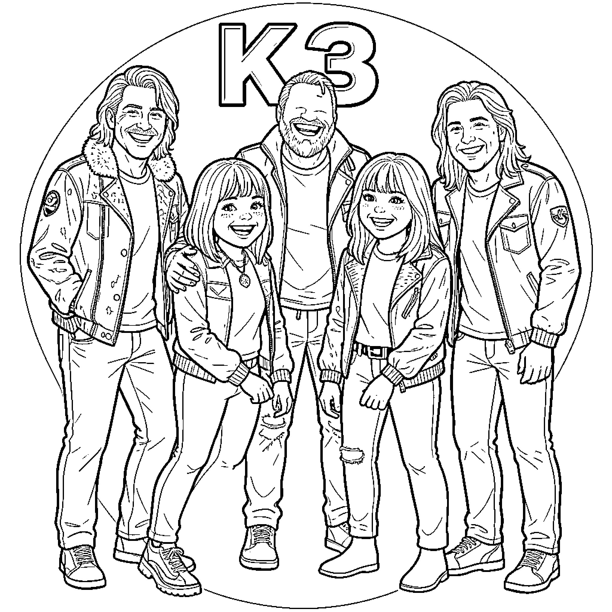 K3 group of five people smiling together Coloring Page (free black-and-white line drawing printable PDF for all, from beginners to advanced learners, including children, teens, adults, and seniors)