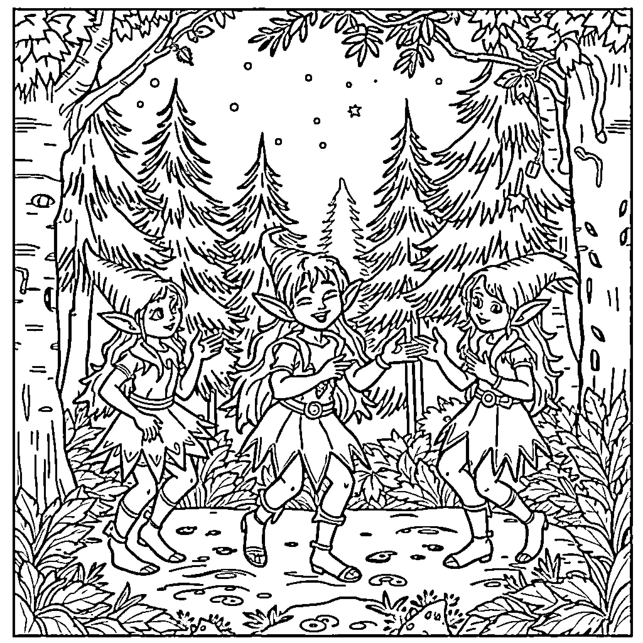 Elf friends exploring the enchanted forest Coloring Page (free black-and-white line drawing printable PDF for all, from beginners to advanced learners, including children, teens, adults, and seniors)