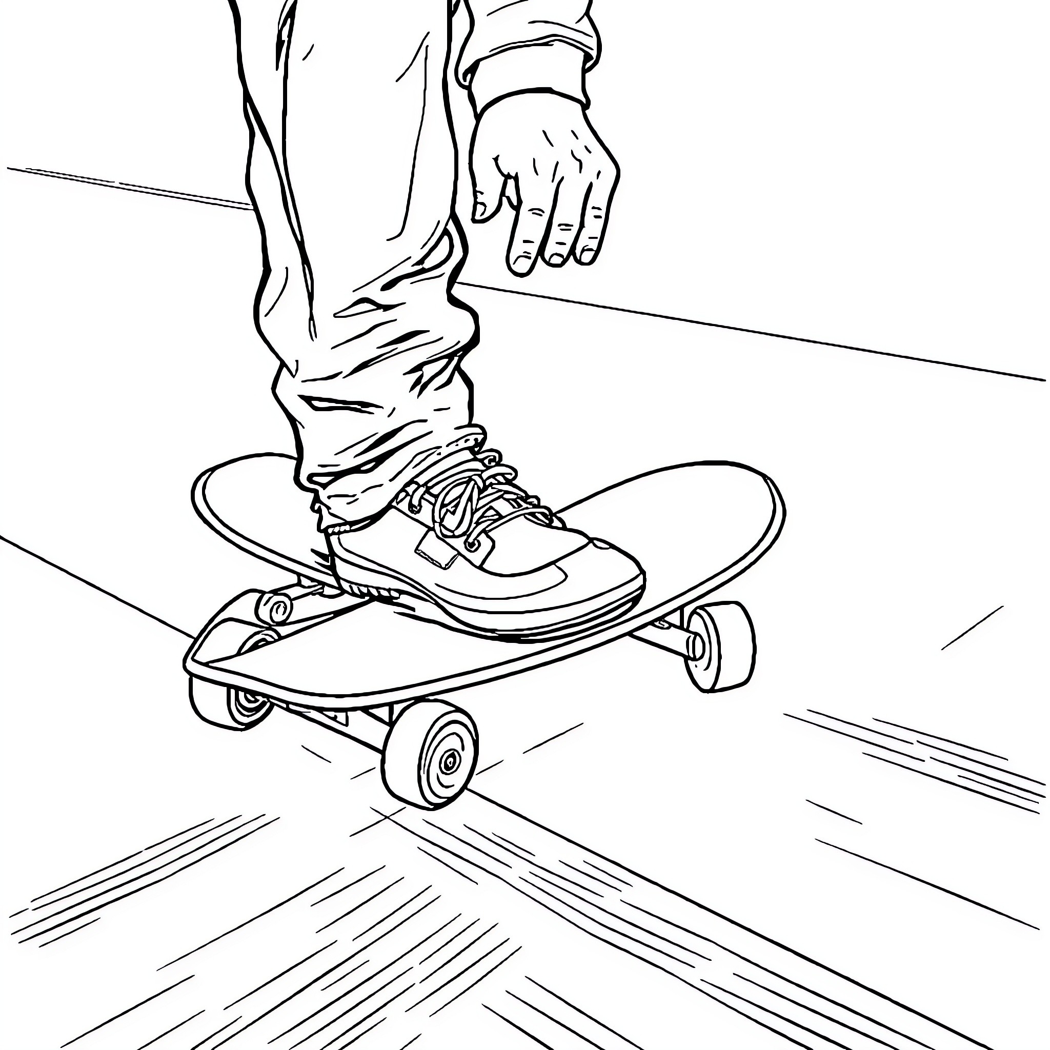 Hand on Skateboard Riding with Motion Coloring Page (free black-and-white line drawing printable PDF for all, from beginners to advanced learners, including children, teens, adults, and seniors)