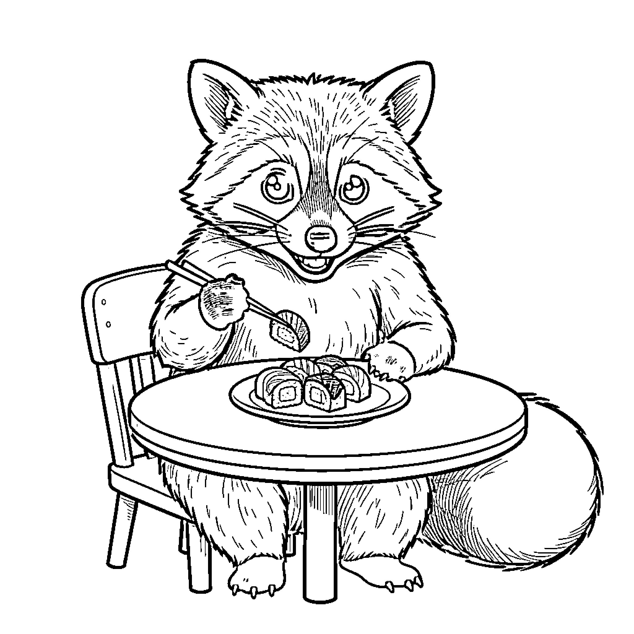 Raccoon eating sushi at a dining table Coloring Page (free black-and-white line drawing printable PDF for all, from beginners to advanced learners, including children, teens, adults, and seniors)
