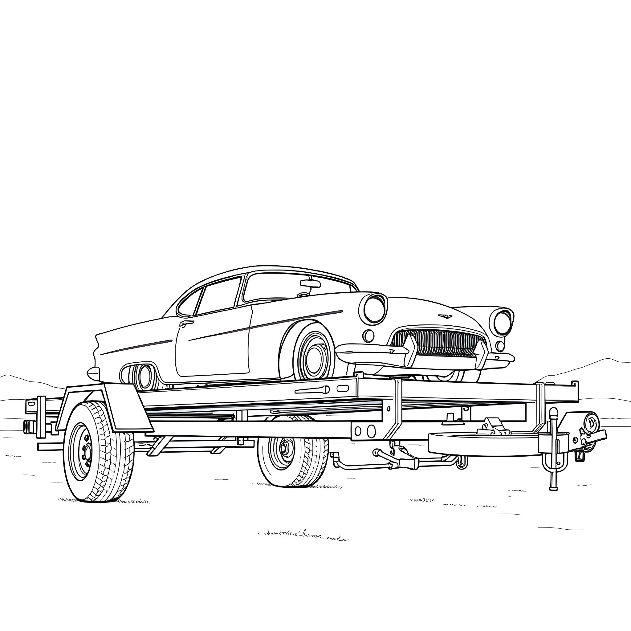 Car Trailer Transporting Vintage Automobile Coloring Page (free black-and-white line drawing printable PDF for all, from beginners to advanced learners, including children, teens, adults, and seniors)