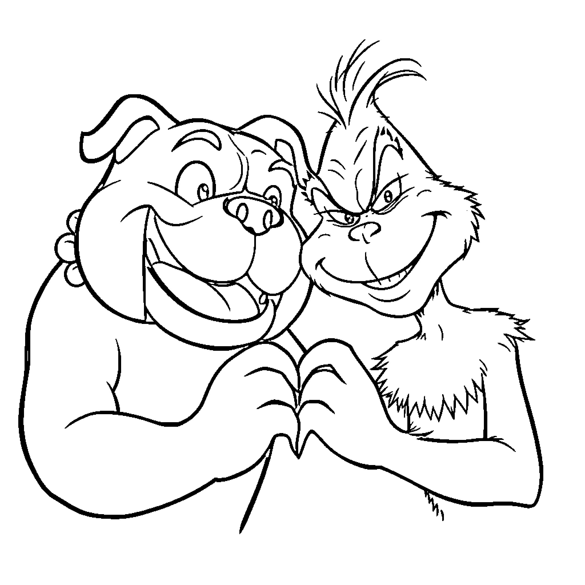Bulldog and Squirrel Buddies Posing Happily Coloring Page (free black-and-white line drawing printable PDF for all, from beginners to advanced learners, including children, teens, adults, and seniors)
