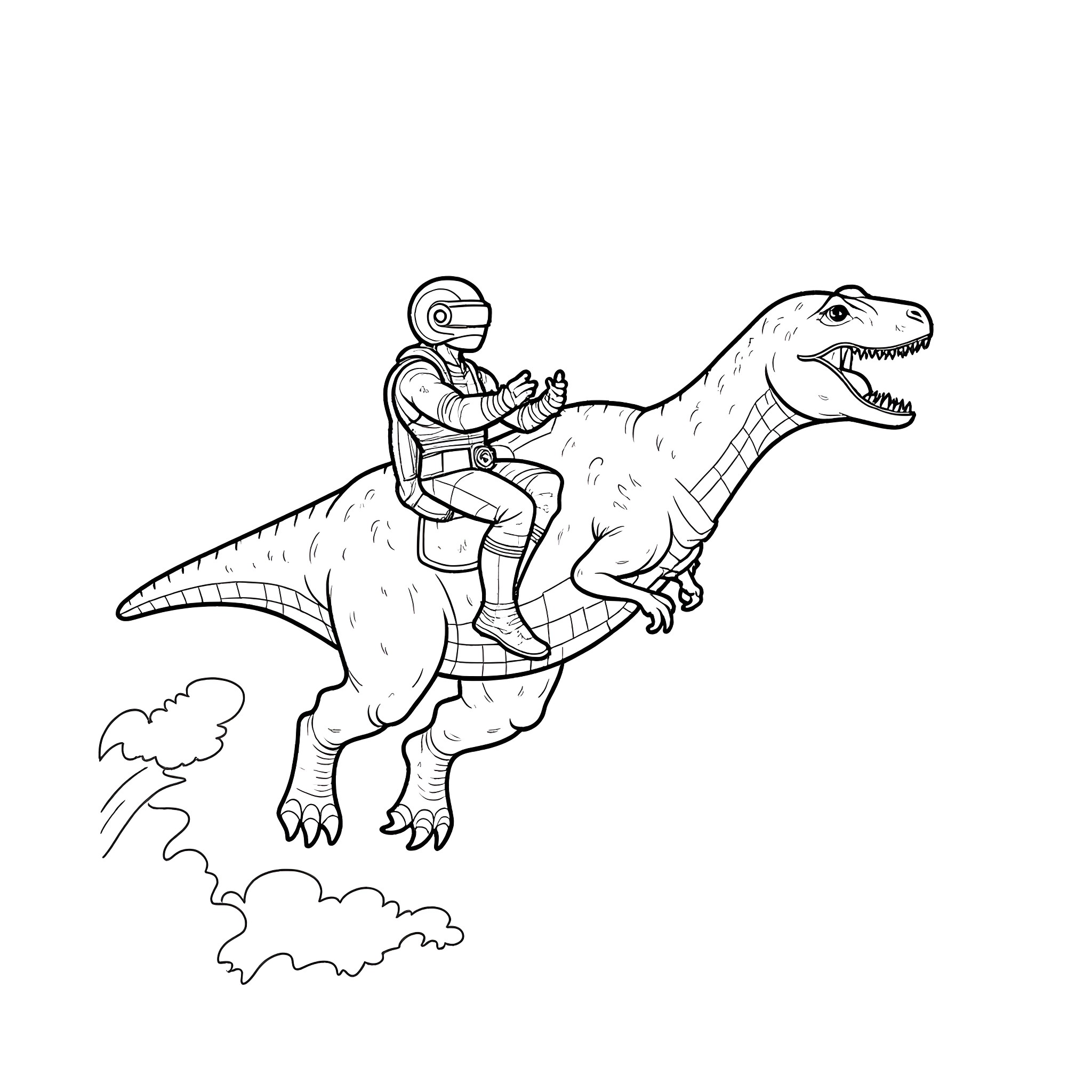 Cyclops astronaut riding a ferocious dinosaur Coloring Page (free black-and-white line drawing printable PDF for all, from beginners to advanced learners, including children, teens, adults, and seniors)