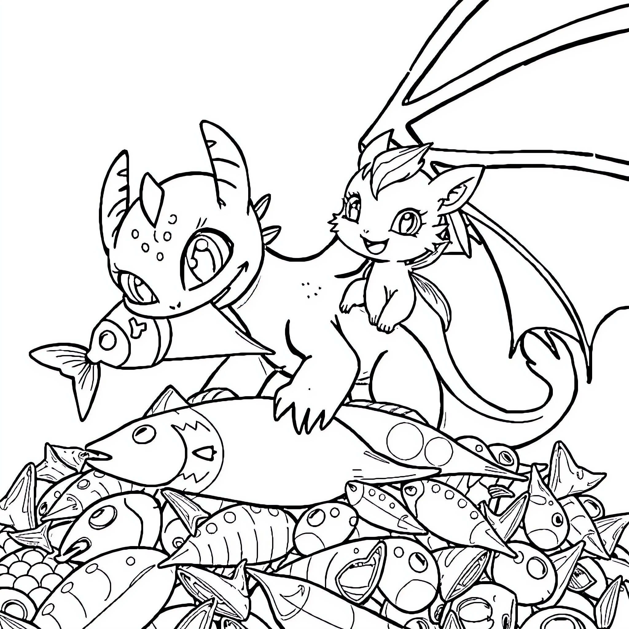 Toothless characters playing with fish in the underwater scene Coloring Page (free black-and-white line drawing printable PDF for all, from beginners to advanced learners, including children, teens, adults, and seniors)