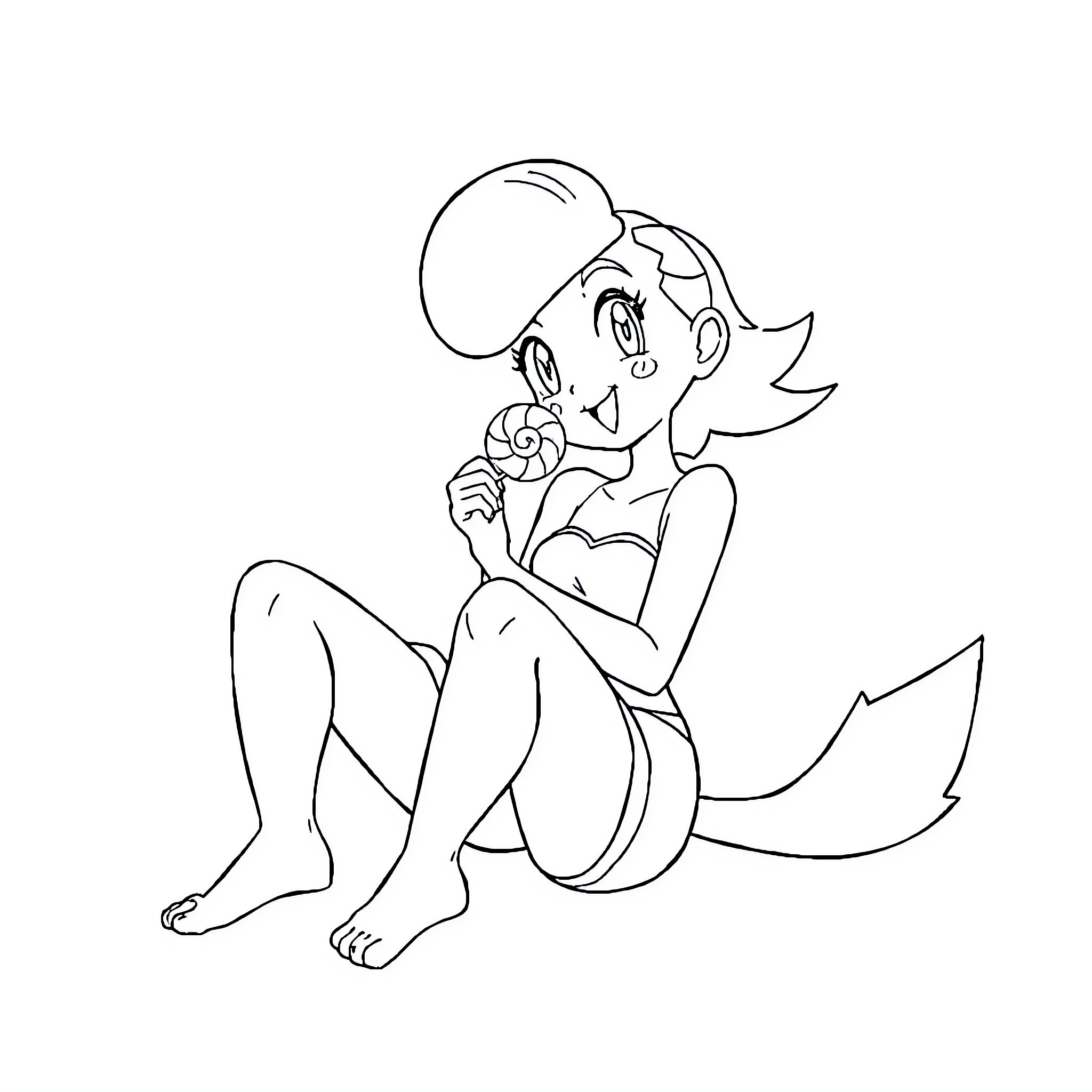 Misty Mermaid with Flower in Tranquil Waters Coloring Page (free black-and-white line drawing printable PDF for all, from beginners to advanced learners, including children, teens, adults, and seniors)