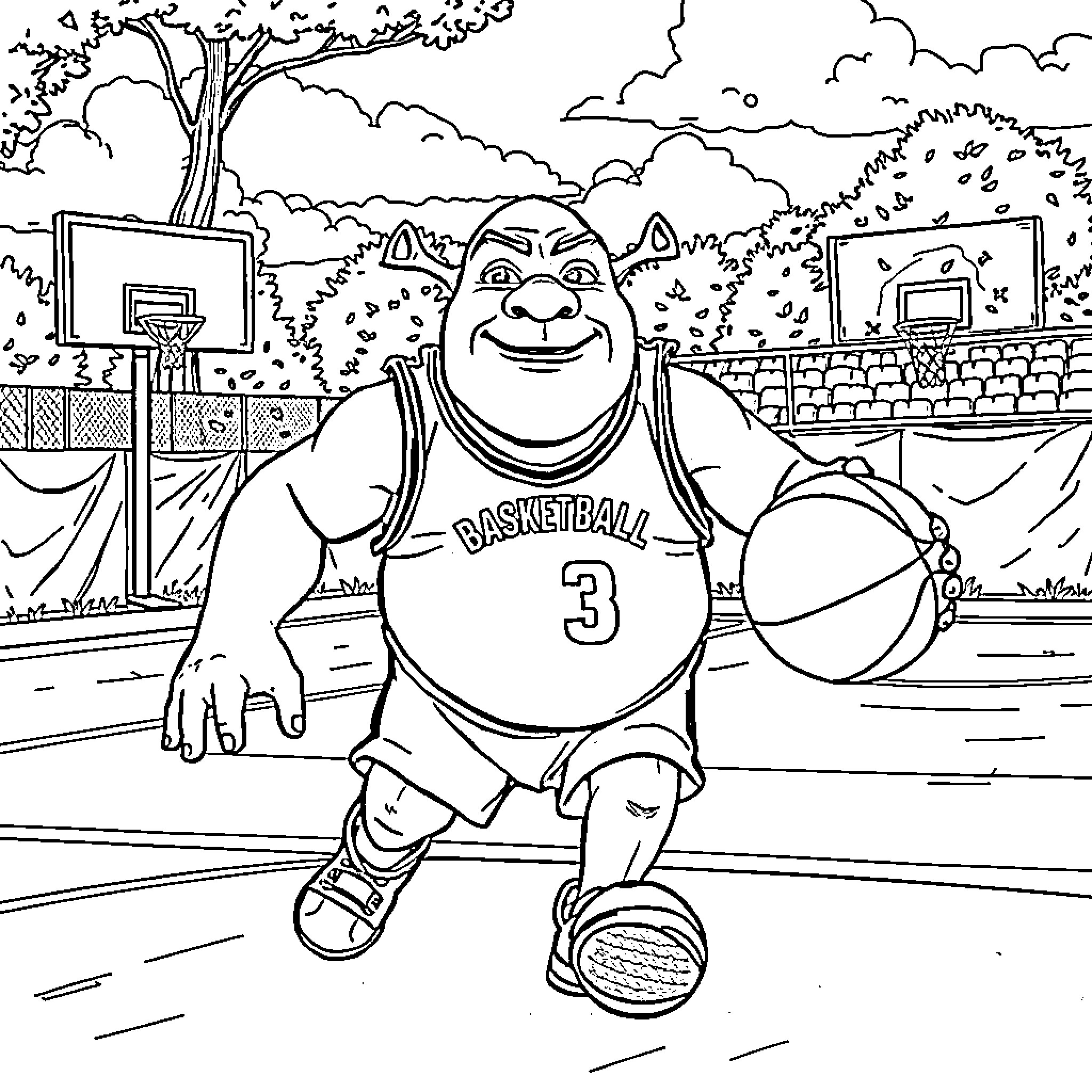Shrek playing basketball on the court Coloring Page (free black-and-white line drawing printable PDF for all, from beginners to advanced learners, including children, teens, adults, and seniors)