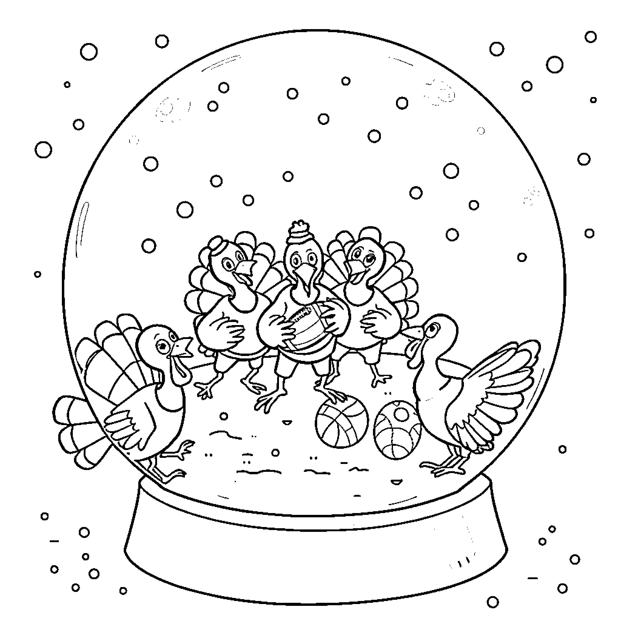 Turkey Snowglobe with Festive Turkeys Coloring Page (free black-and-white line drawing printable PDF for all, from beginners to advanced learners, including children, teens, adults, and seniors)