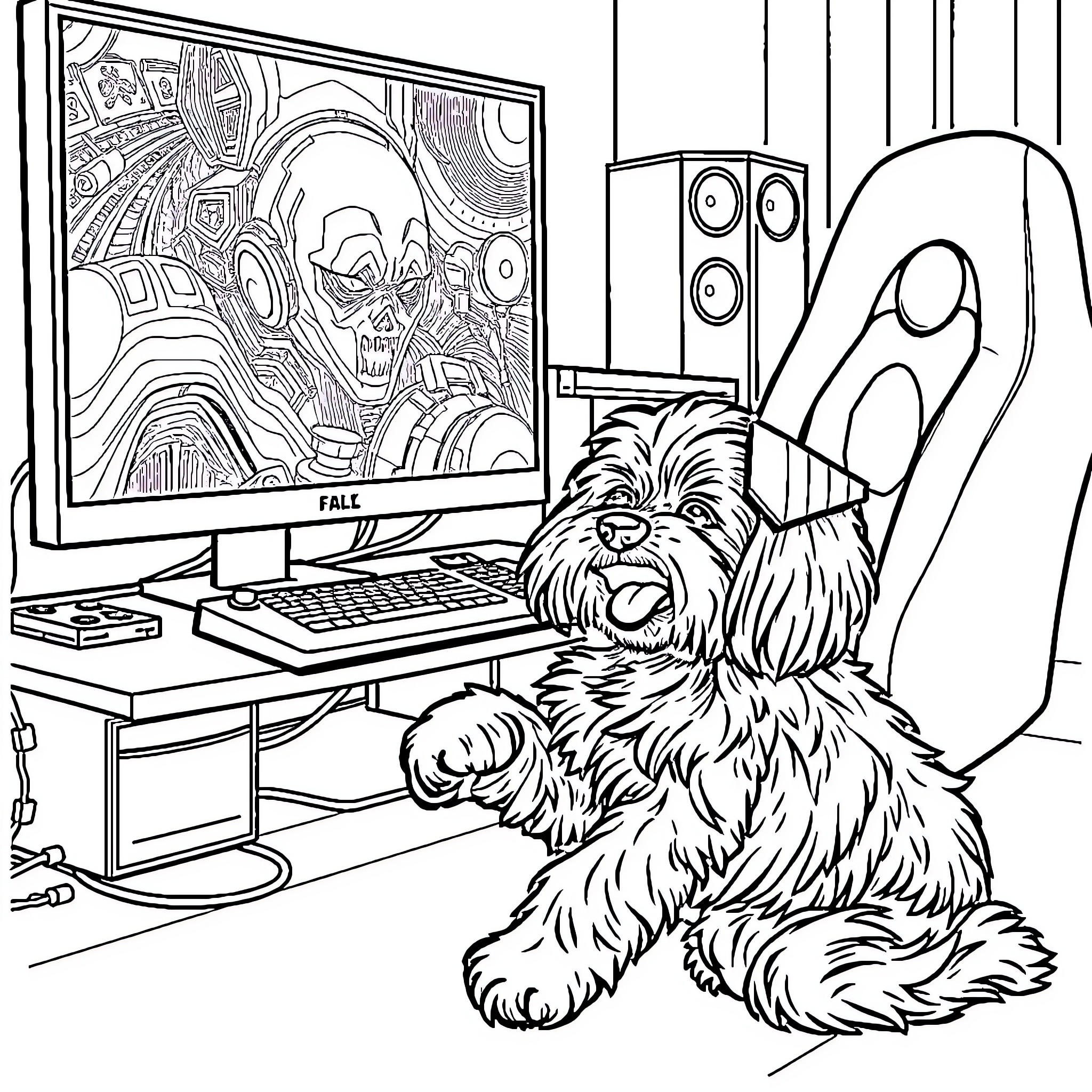 Cavoodle pup enjoying video game on computer Coloring Page (free black-and-white line drawing printable PDF for all, from beginners to advanced learners, including children, teens, adults, and seniors)
