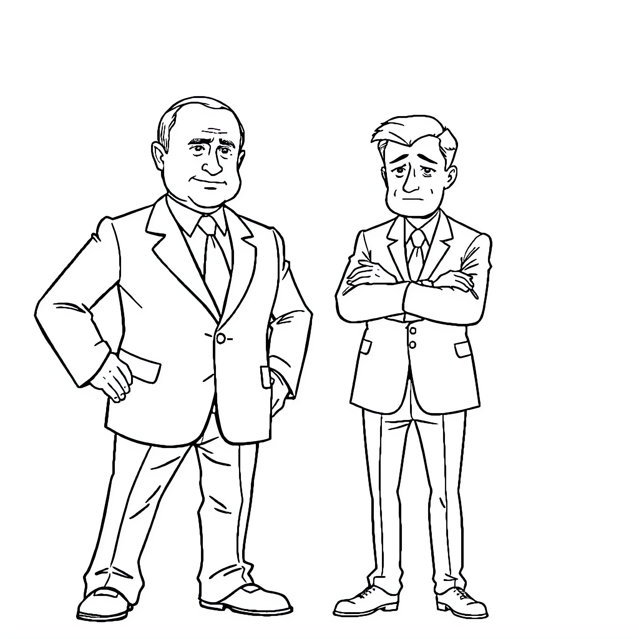 Putin and a Colleague in Formal Attire Coloring Page (free black-and-white line drawing printable PDF for all, from beginners to advanced learners, including children, teens, adults, and seniors)