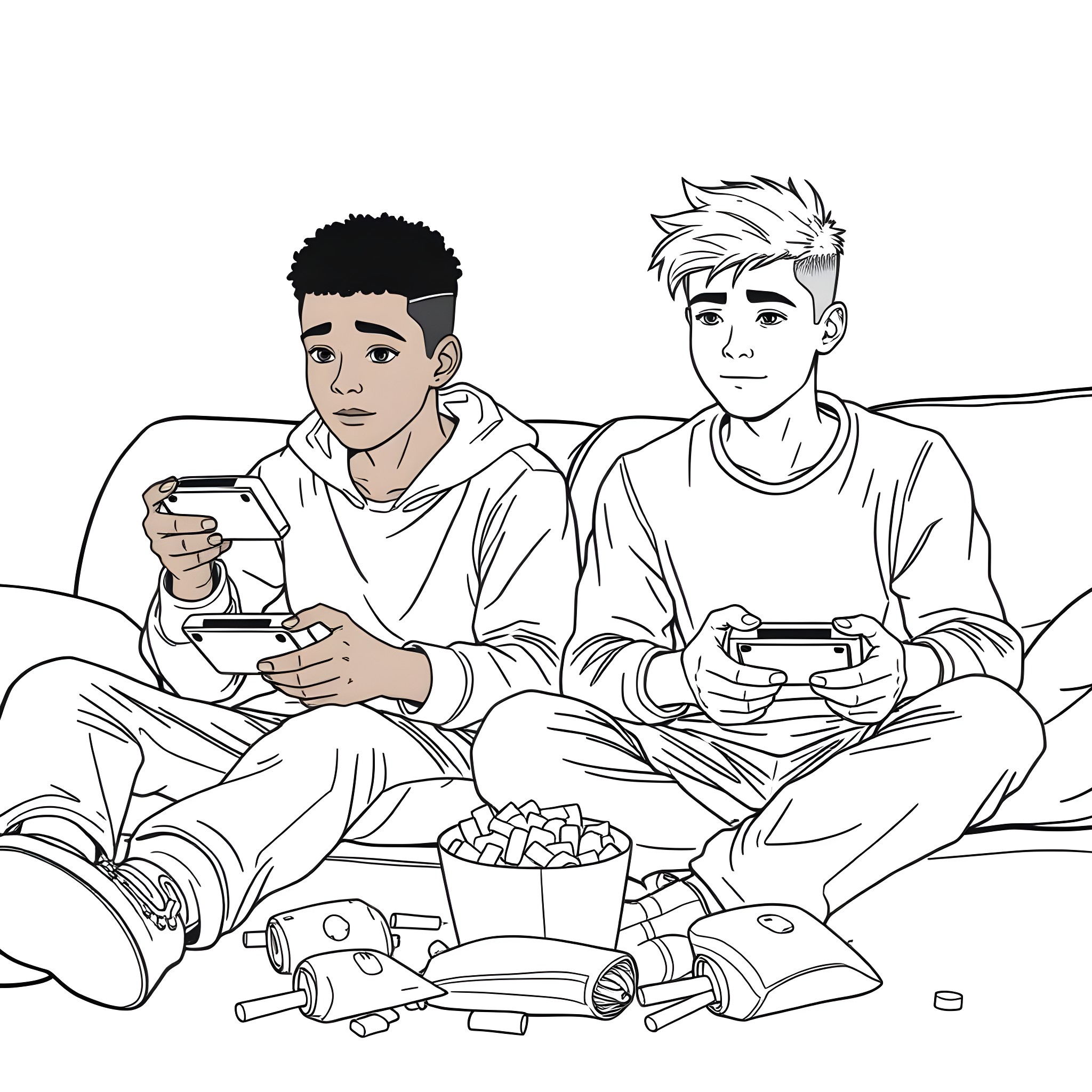 Teen Guys Playing Video Games Coloring Page (free black-and-white line drawing printable PDF for all, from beginners to advanced learners, including children, teens, adults, and seniors)