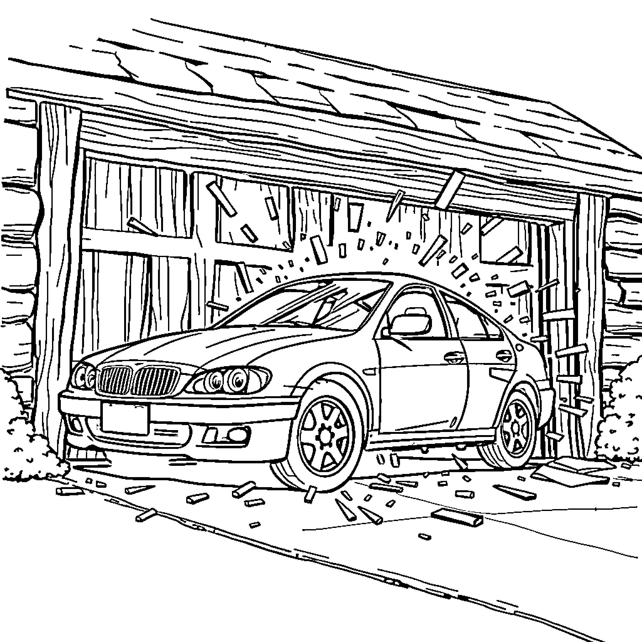 Car Parked in Dilapidated Garage Coloring Page (free black-and-white line drawing printable PDF for all, from beginners to advanced learners, including children, teens, adults, and seniors)