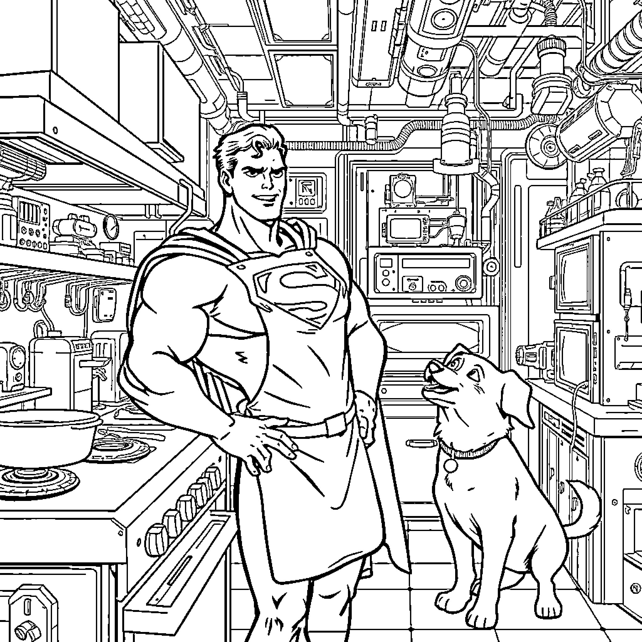 Superman Heroically Assists His Loyal Canine Companion Coloring Page (free black-and-white line drawing printable PDF for all, from beginners to advanced learners, including children, teens, adults, and seniors)