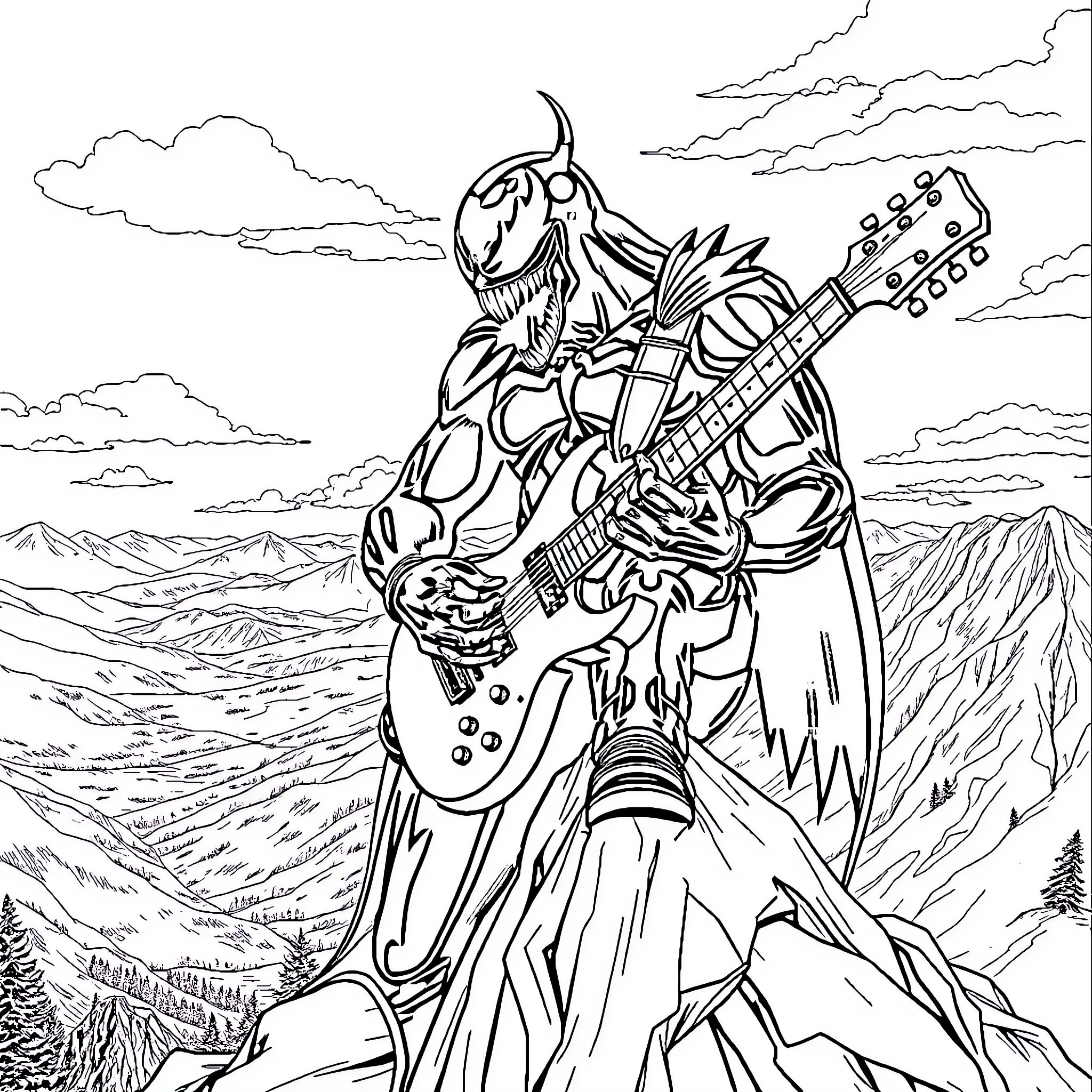 Venom Guitarist Shreds on Mountain Ledge Coloring Page (free black-and-white line drawing printable PDF for all, from beginners to advanced learners, including children, teens, adults, and seniors)