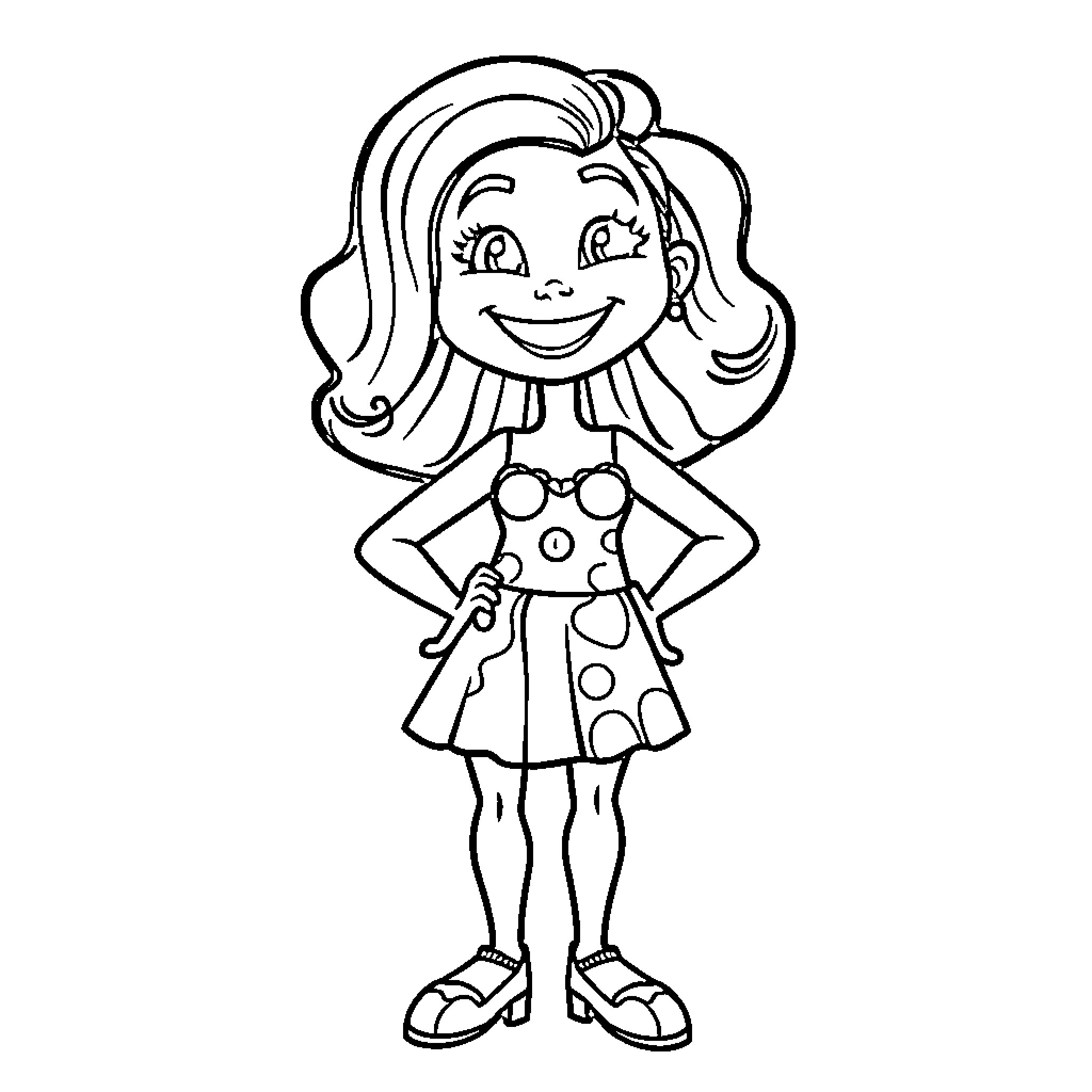 Loujaine's Cheerful Pose in Polka Dot Dress Coloring Page (free black-and-white line drawing printable PDF for all, from beginners to advanced learners, including children, teens, adults, and seniors)